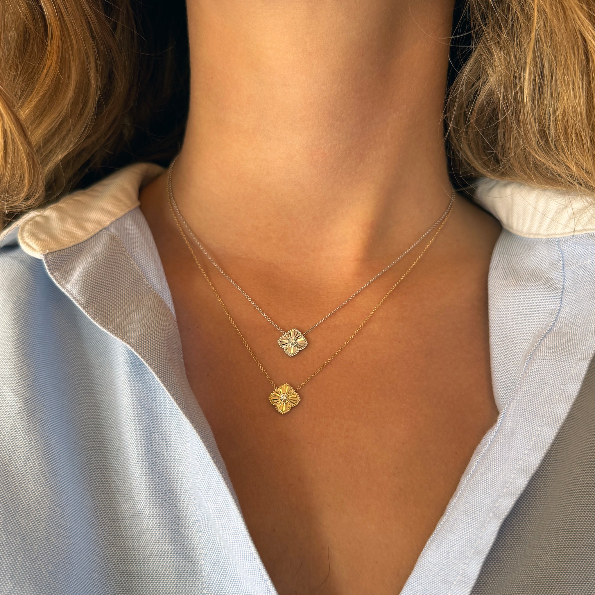14K Yellow Gold Diamond Fluted Quatrefoil Pendant Necklace for Women - Elegant Jewelry Gift for Anniversary, Birthday & Special Occasions