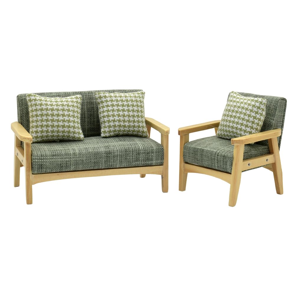 1/12 Scale Dollhouse Couch & Miniature Sofa Set with Houndstooth Cushions - Grey Green Doll Furniture for Living Room Decor | Perfect for DIY Dollhouse Projects & Collectible Displays