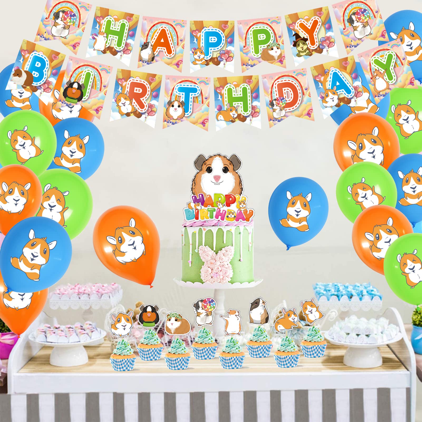 Guinea Pig Birthday Party Decorations - Kawaii Hamster & Pui Pui Cartoon Theme Party Supplies for Kids - Includes Happy Birthday Banner, Balloons & Cupcake Toppers - Perfect for Children's Birthday Celebrations & Small Animal Themed Parties