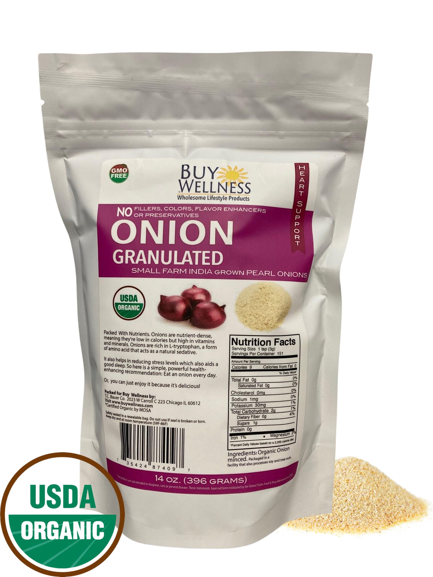 Premium Organic Onion Granules - Bulk 14 oz Bag | Granulated Red Onions & Scallions for Rich Flavor & Fresh Aroma | Ideal for Cooking, Seasoning & Meal Prep