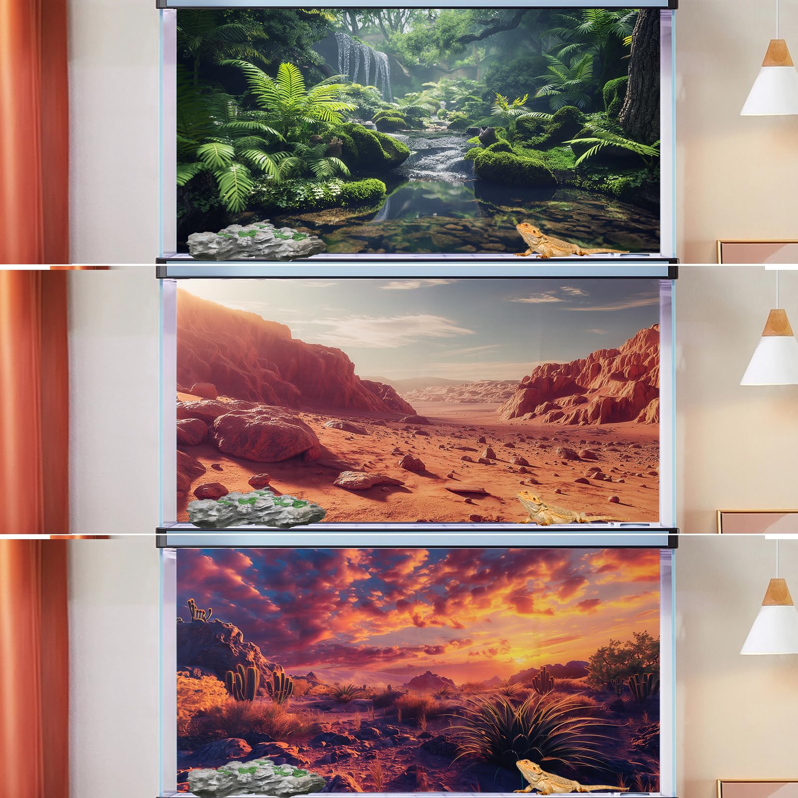 3 Pack Terrarium Background for Reptile Tanks - 36x18 Inches Polyester Cloth with Gobi Sunshine Cactus & Green Tree Fern Stream Design - Perfect for Bearded Dragon, Gecko, Snake Habitats and Terrarium Decoration