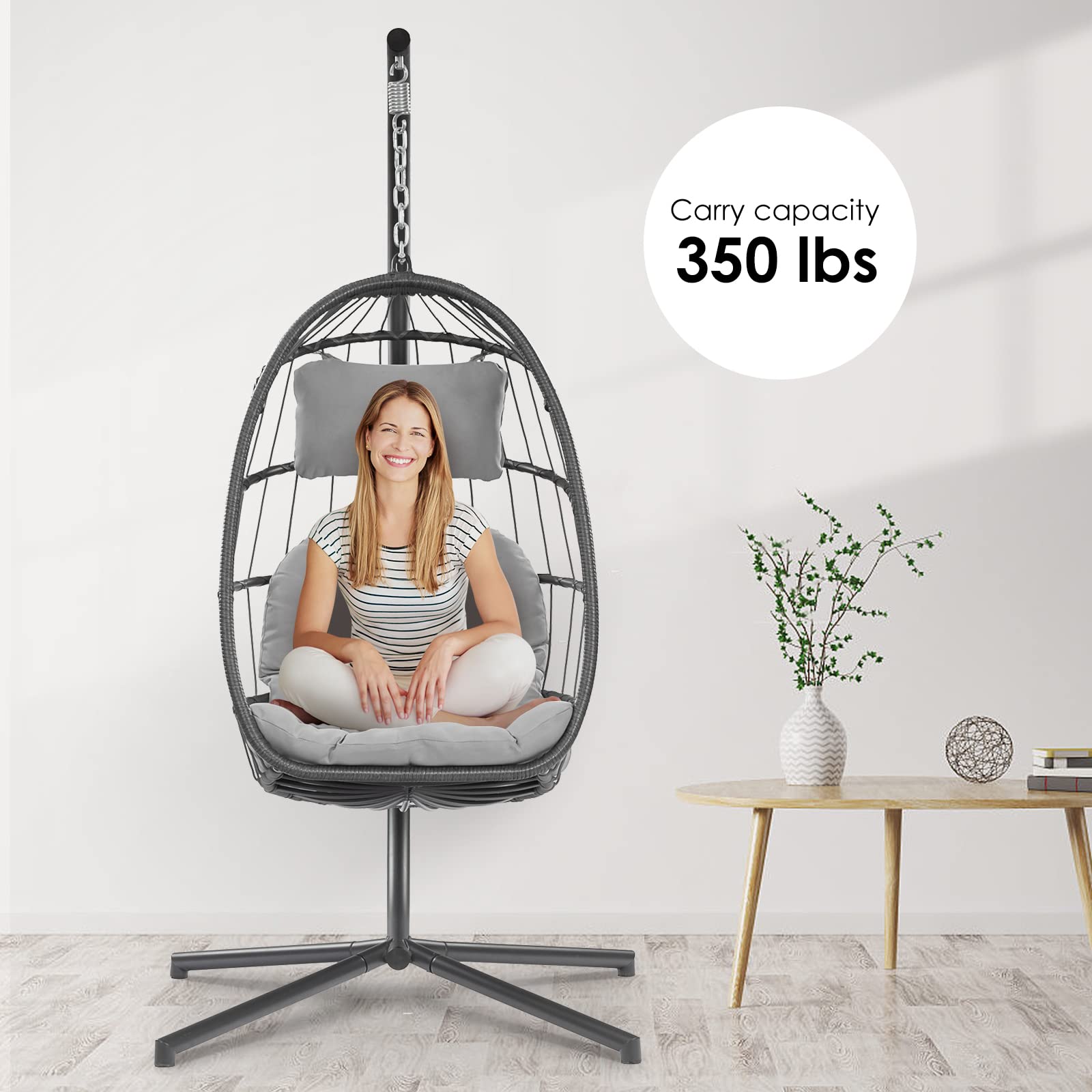 Outdoor Rattan Egg Swing Chair with Stand - Hanging Basket Hammock Chair with Aluminum Steel Frame & UV Resistant Cushion for Patio, Balcony, Bedroom, Garden - Perfect for Relaxing, Reading & Lounging (Grey)