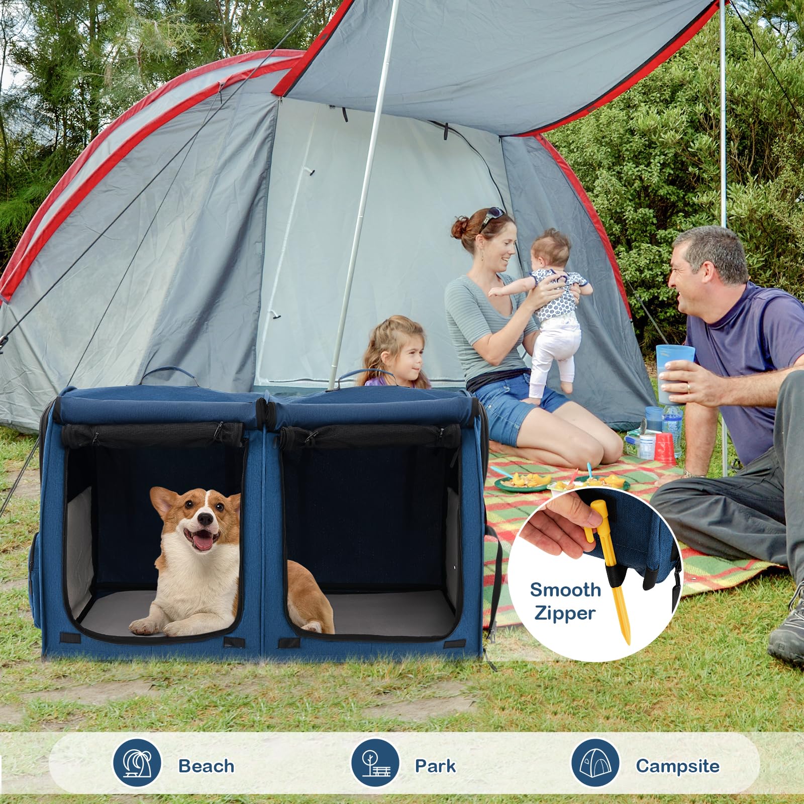 **40 Inch Large Cat Carrier with Double Compartments - Portable Soft-Sided Pet Kennel for Cats & Small Dogs - Includes 2 Removable Hammocks, Dual-Use Mats & Litter Box - Travel Carrier with Carry Bag & Ground Stakes (Navy Blue) - Perfect for Air Travel, Road Trips & Vet Visits**