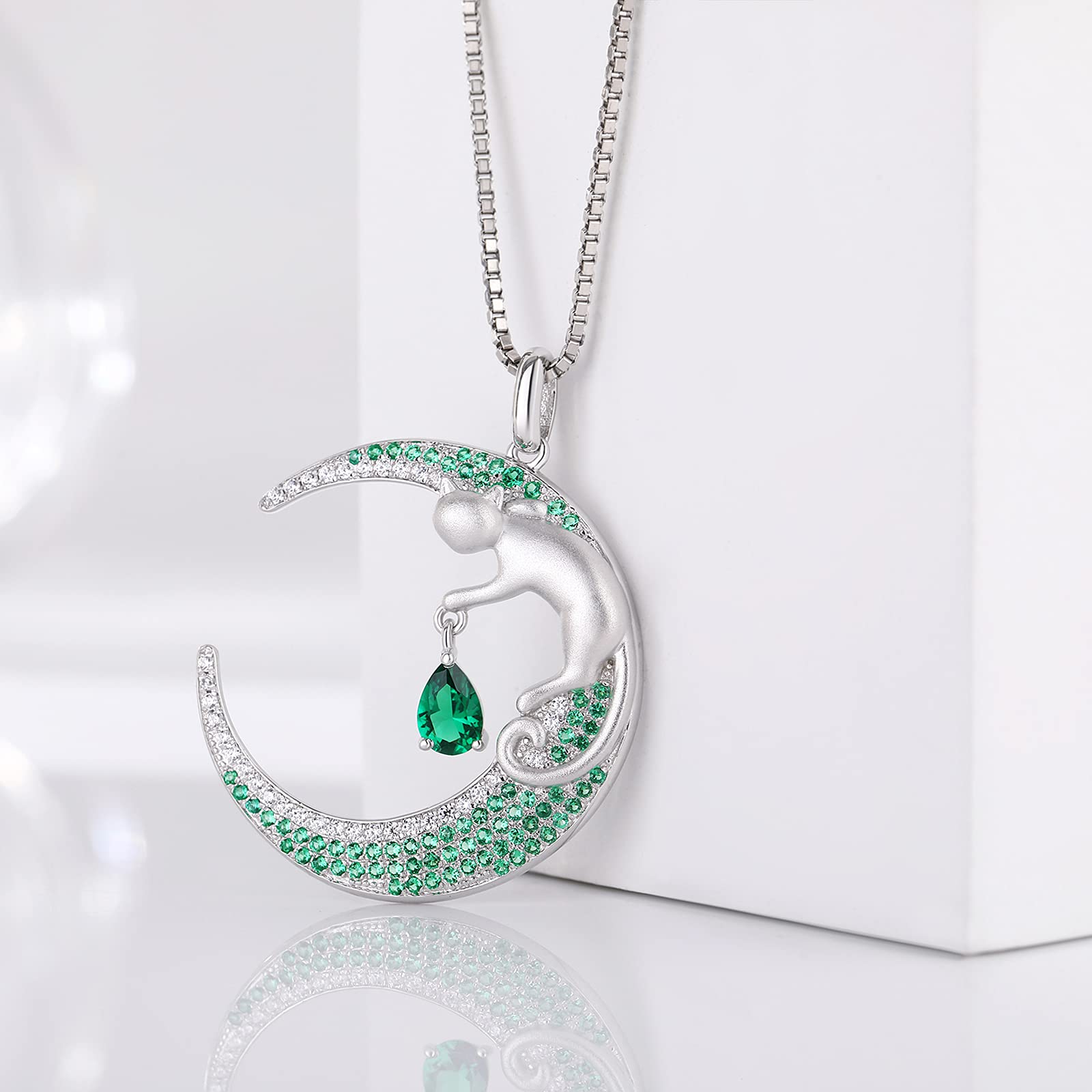 18K White Gold Plated Cat on Moon Pendant Necklace for Women - 925 Sterling Silver Cat Lover Jewelry, Perfect Gift for Birthday, Anniversary & Valentine's Day