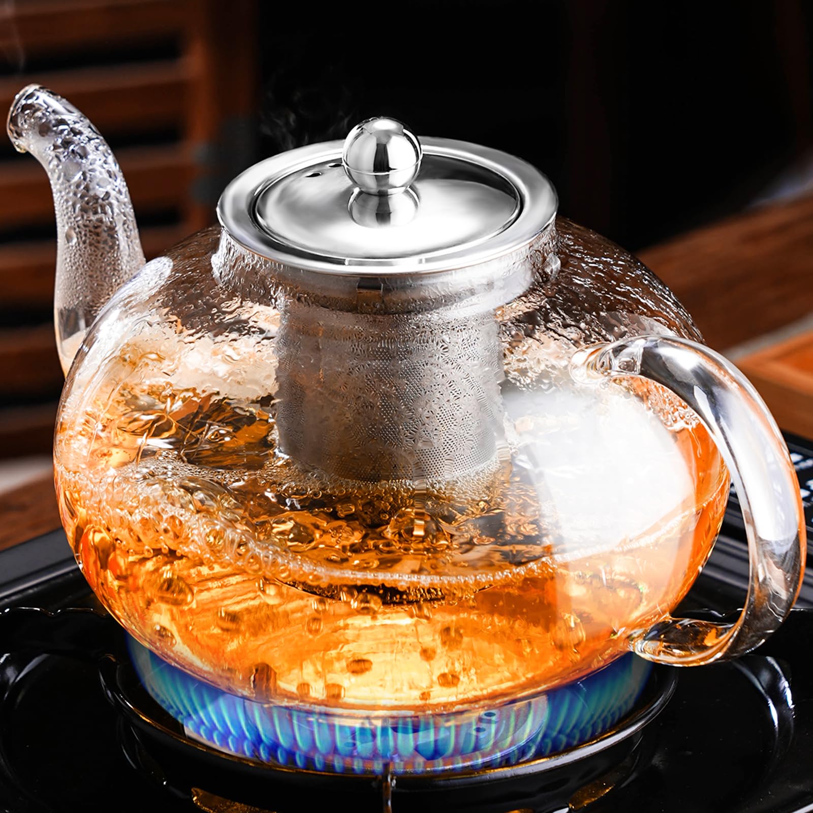 Premium Borosilicate Glass Teapot with Removable Stainless Steel Infuser - 40oz/1200ml Stovetop Safe Tea Kettle for Blooming & Loose Leaf Tea - Perfect for Home, Office, Camping & Travel Use