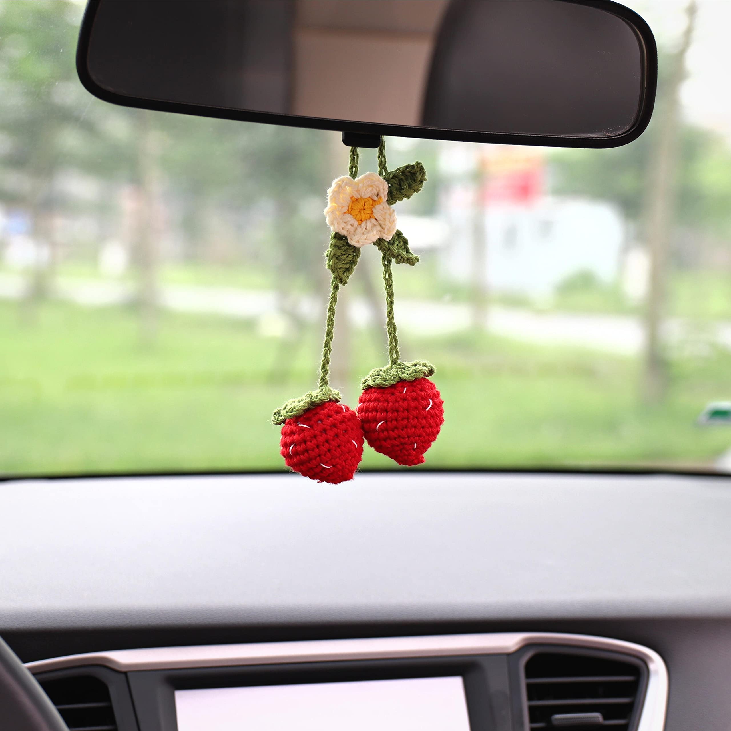 Handmade Bunny Crochet Strawberry Car Hanging Ornament - Adjustable Rear View Mirror Charm, Cute Bag Accessory & Keychain Decor for Car, Purse, Backpack (Perfect Gift for Easter, Spring)