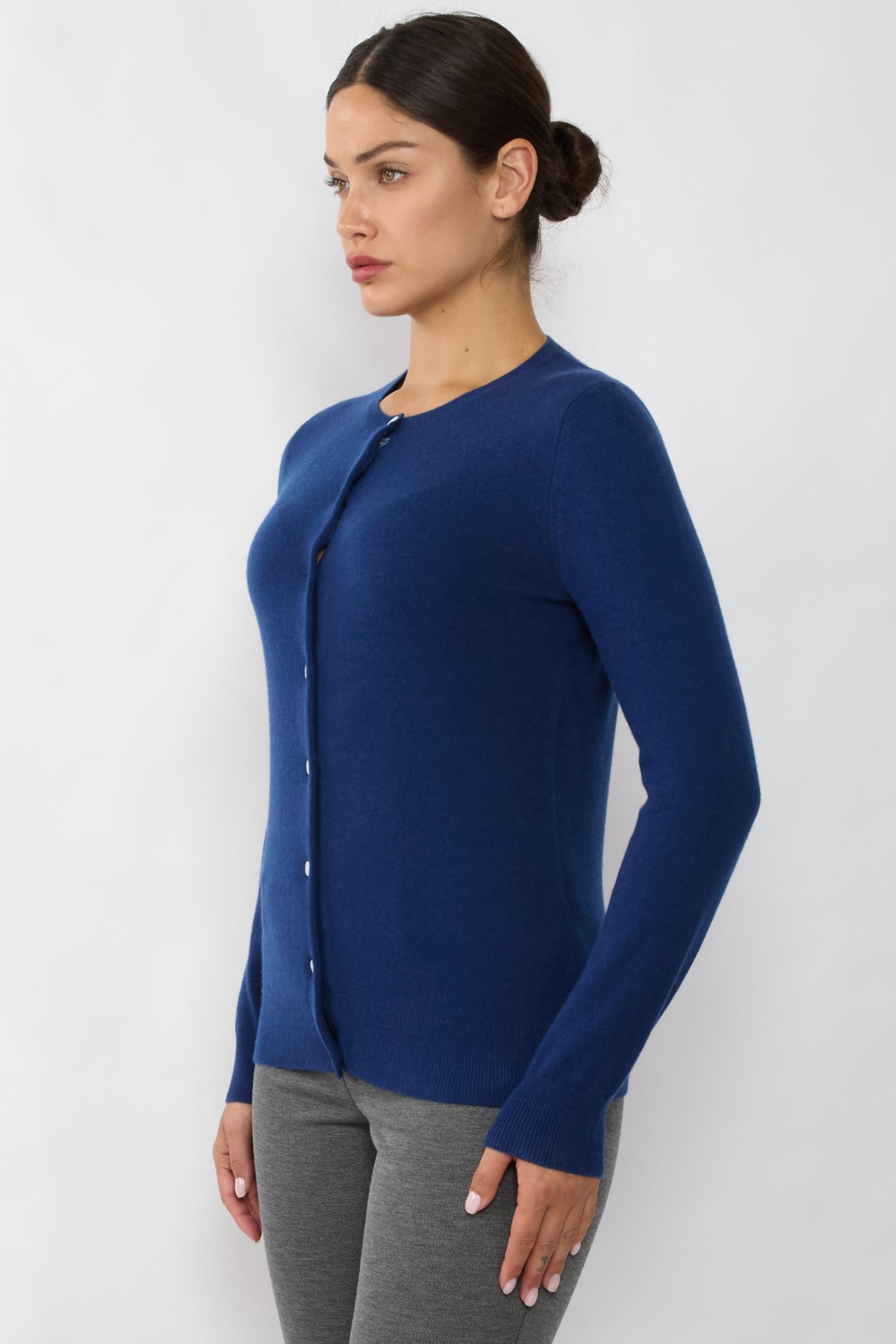JENNIE LIU Women's 100% Pure Cashmere Button Front Long Sleeve Crewneck Cardigan Sweater | Soft & Warm Winter Knitwear | Perfect for Office, Lounge & Casual Outfits