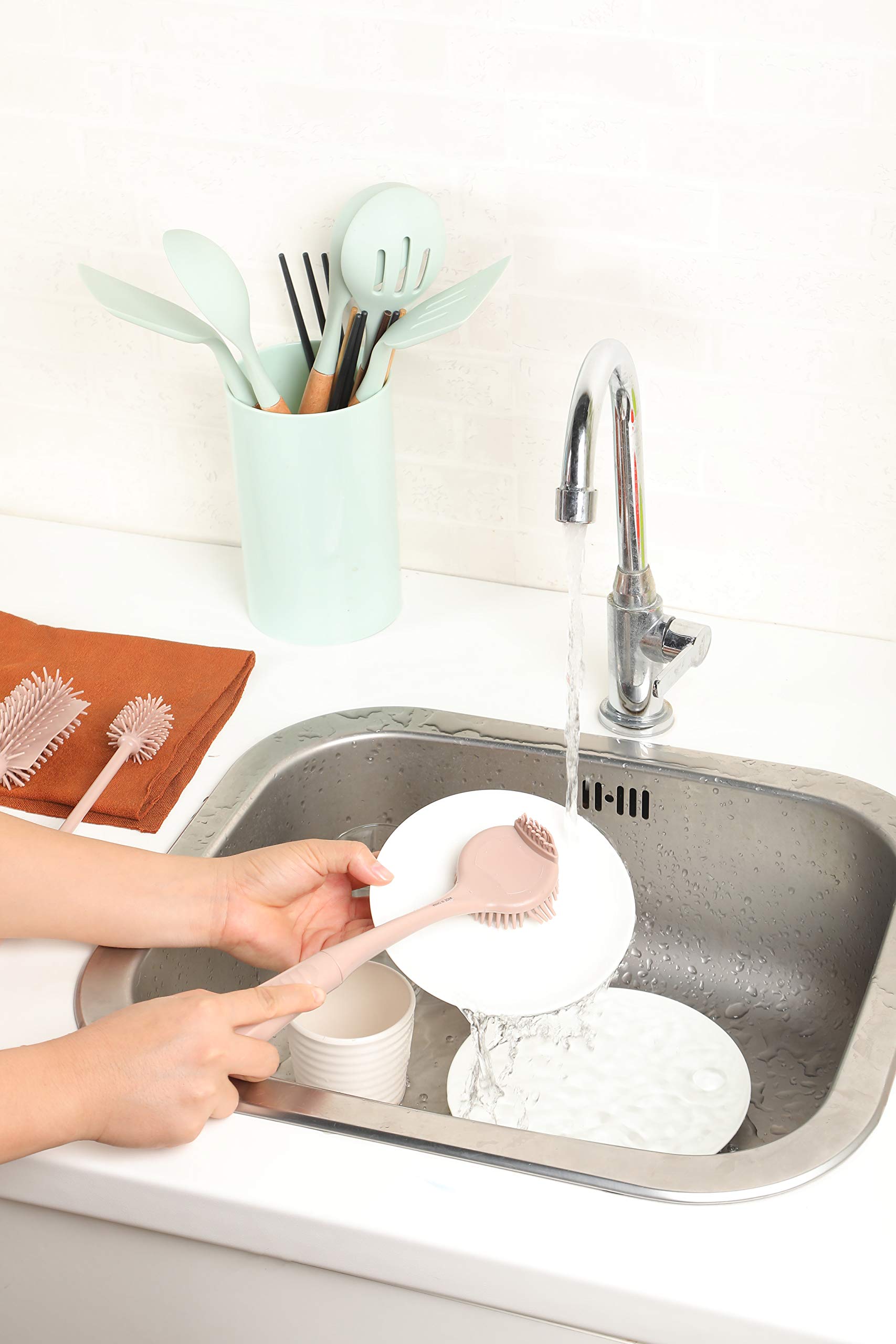 Silicone Dish Brush with Handle - Bottle Cleaning Brush Set for Kitchen, Dishes, and Hard-to-Reach Areas | Eco-Friendly & Durable Scrubber