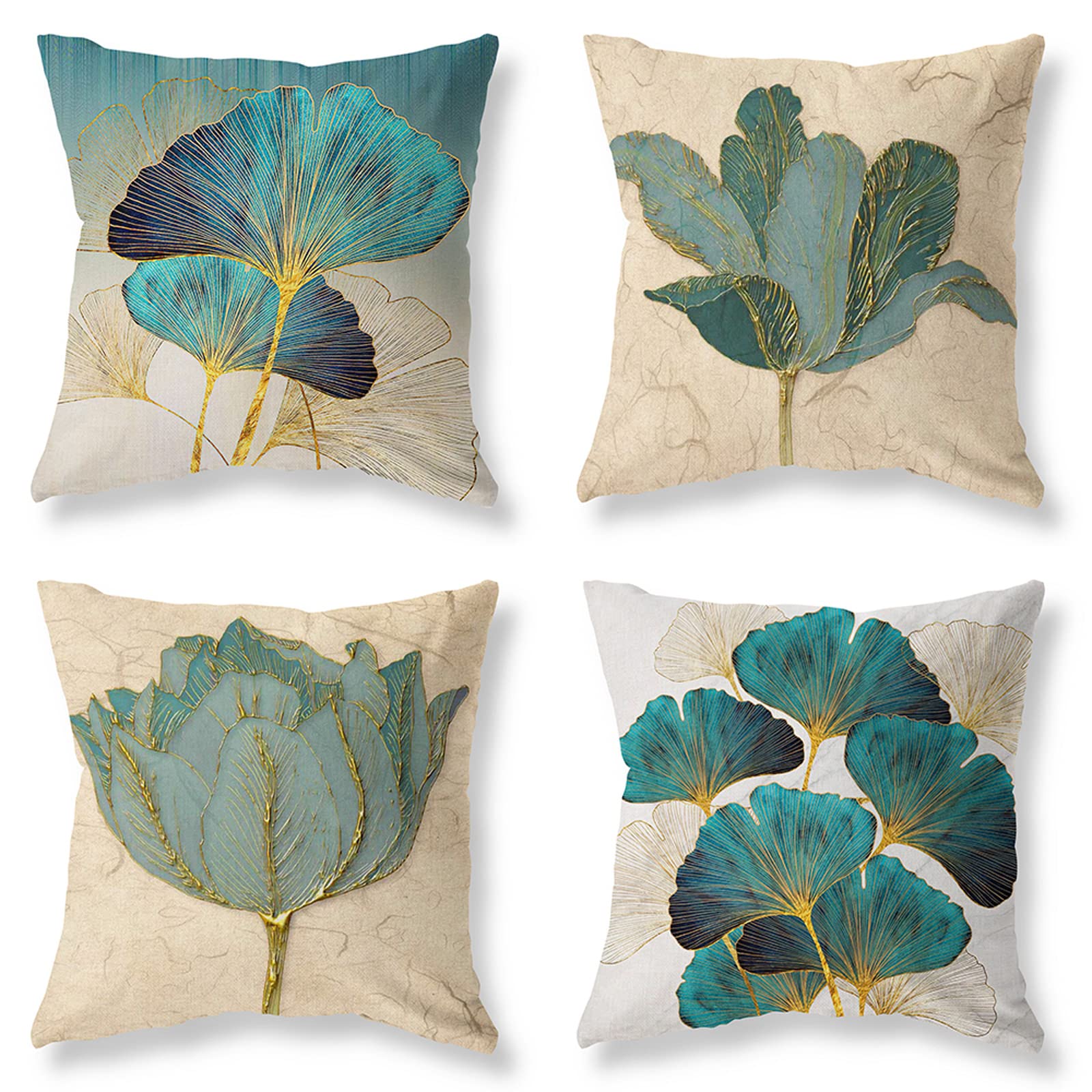 Turquoise Gold Teal Throw Pillow Covers 18x18 Inch Set of 4 - Green Botanical Leaf Floral Pillow Covers for Farmhouse Decor, Outdoor Patio, Living Room Couch & Sofa - Soft Decorative Cushion Covers for Home & Garden Use