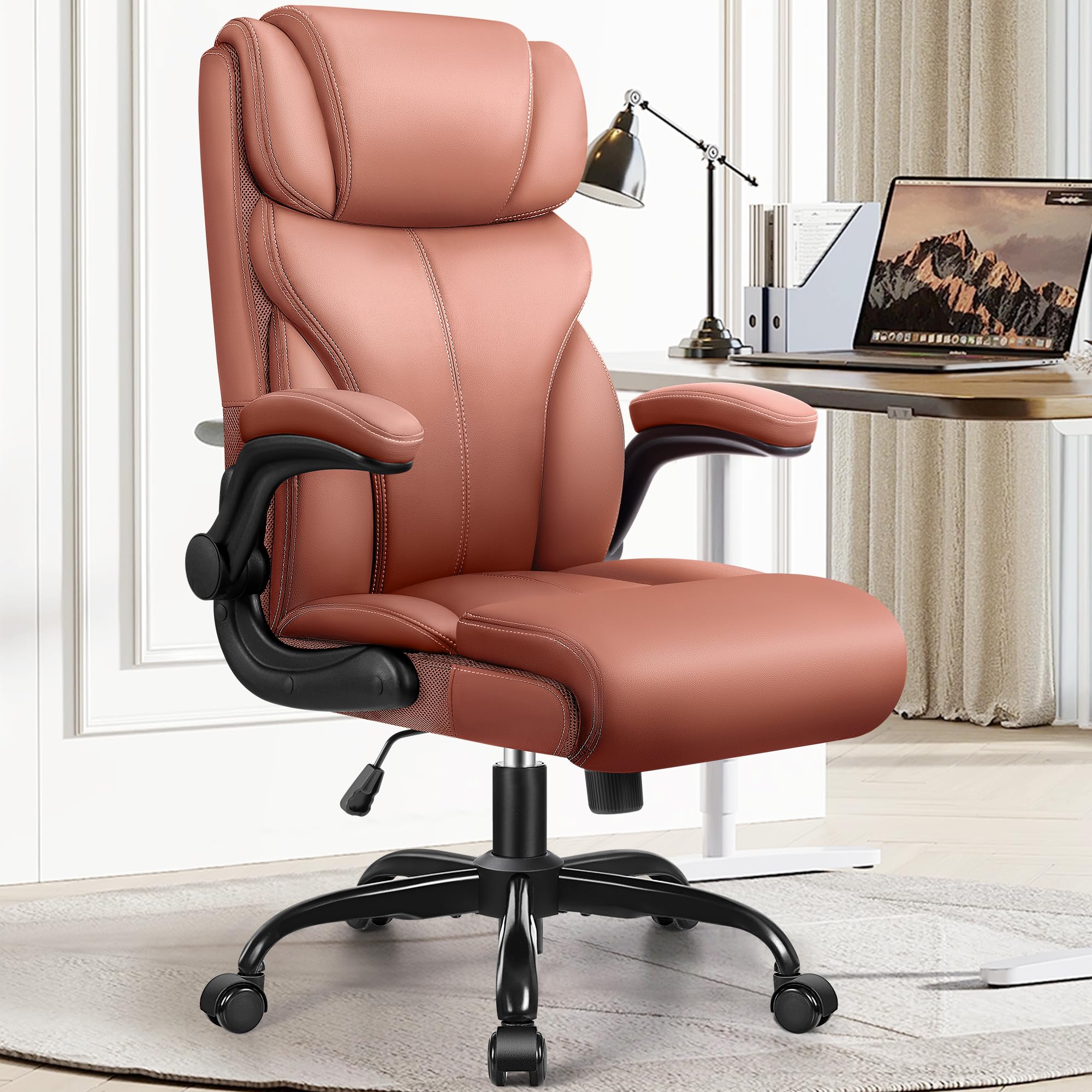 Ergonomic Big and Tall Office Chair - Adjustable High Back Executive Leather Computer Desk Chair with Lumbar Support, Flip-Up Armrests & Rocking Function - Perfect for Home Office, Gaming & Workspaces