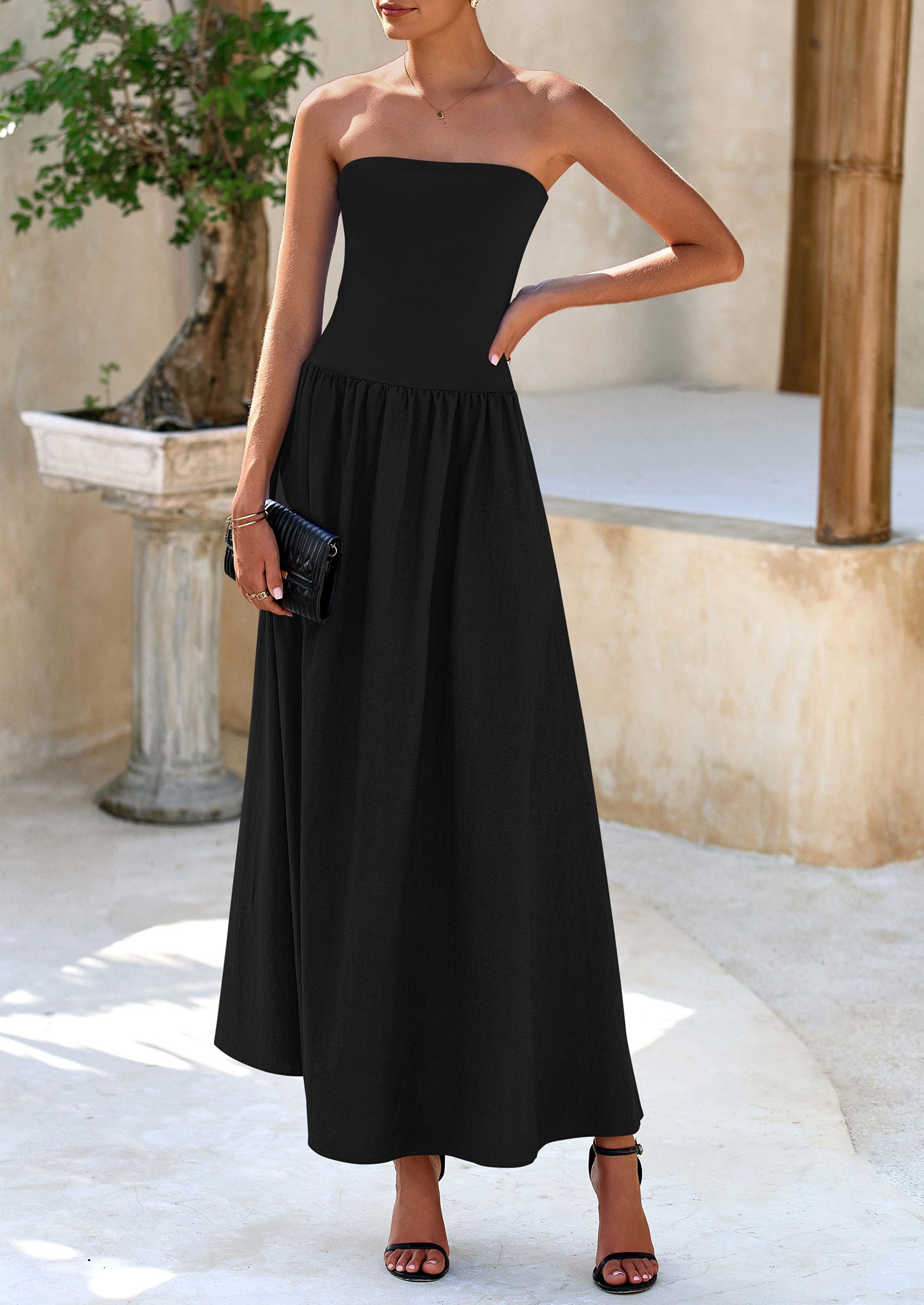 PRETTYGARDEN Women's Strapless Maxi Dress 2025 - Patchwork Long Flowy Summer Dress with Pockets | Elegant Tube Top Dress for Beach, Wedding & Party Wear