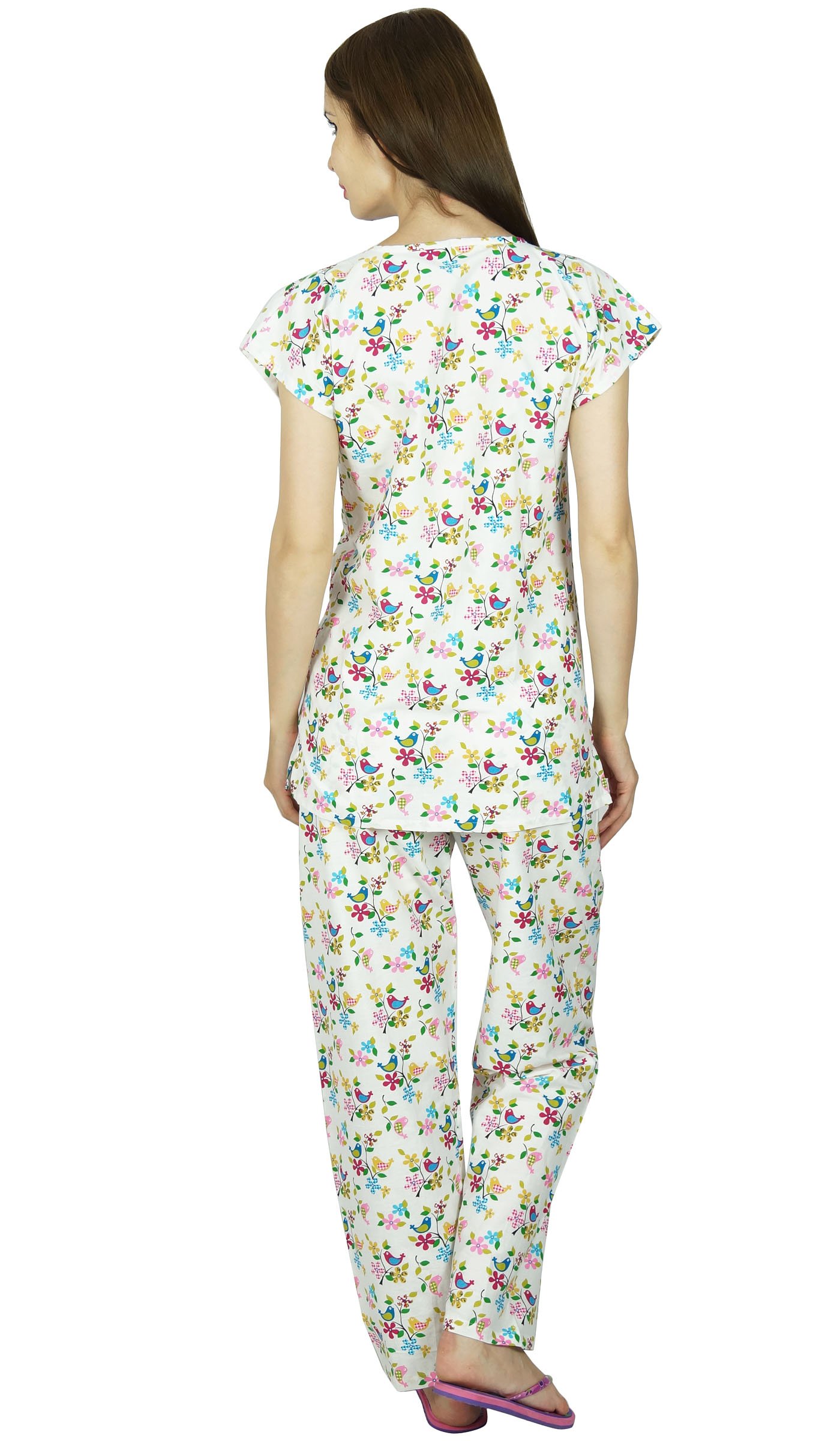 Bimba Women's White Cotton Pajama Set - Cap Sleeve Sleep Shirt & Lounge Pants for Comfortable Nightwear & Relaxing at Home