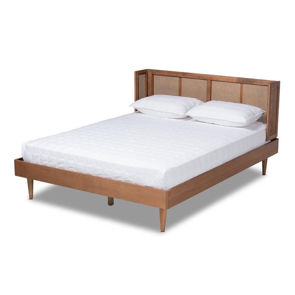 BOWERY HILL Modern Queen Size Platform Bed with Wood/Rattan Headboard - Brown Finish for Bedroom Decor | Stylish and Sturdy Frame for Master Bedroom or Guest Room