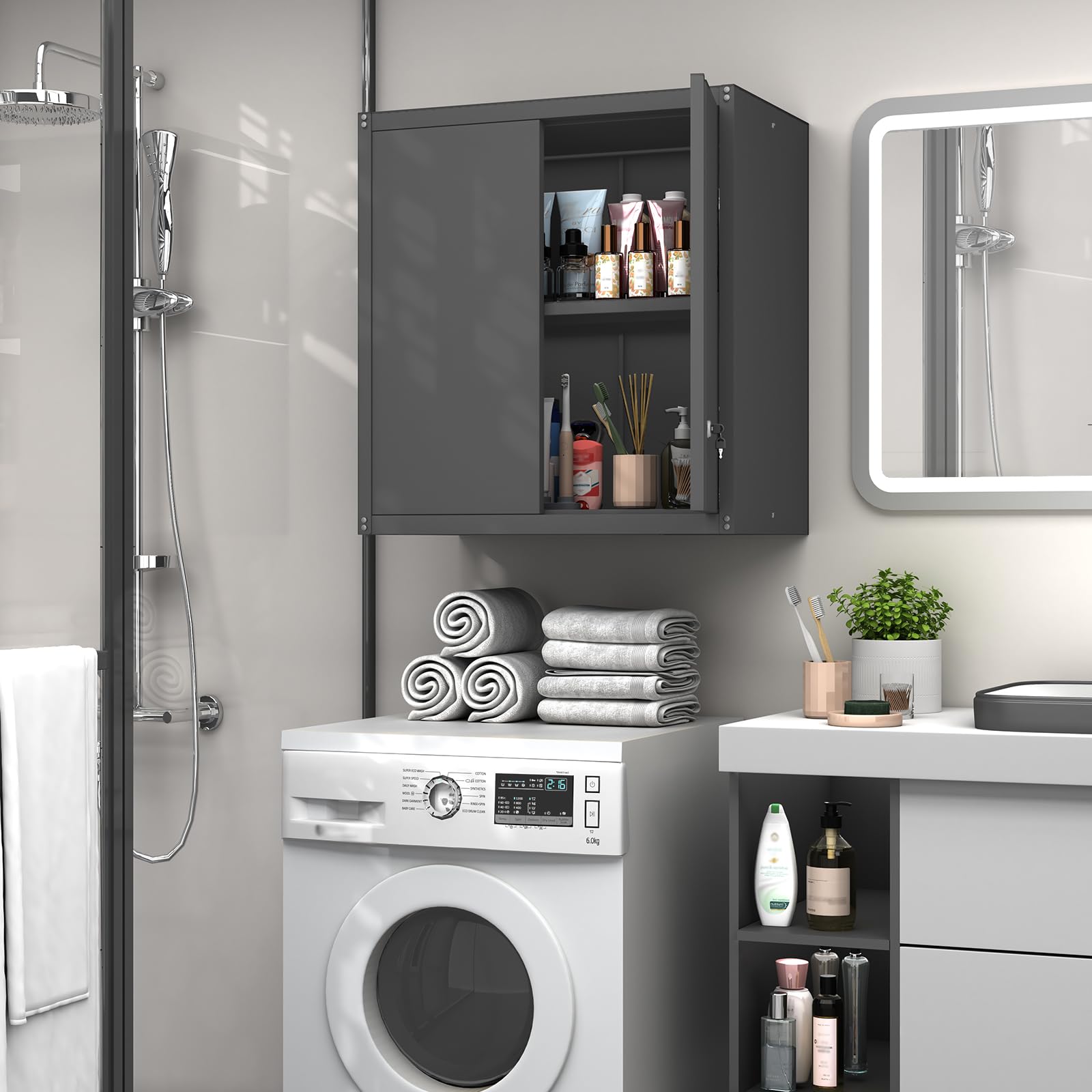 GREATMEET Metal Wall Cabinet - Wall Mounted Storage Organizer with Adjustable Shelf & Lock for Garage, Utility Room & Workshop | Durable Steel Floating Cabinet for Tools, Cleaning Supplies & Home Organization