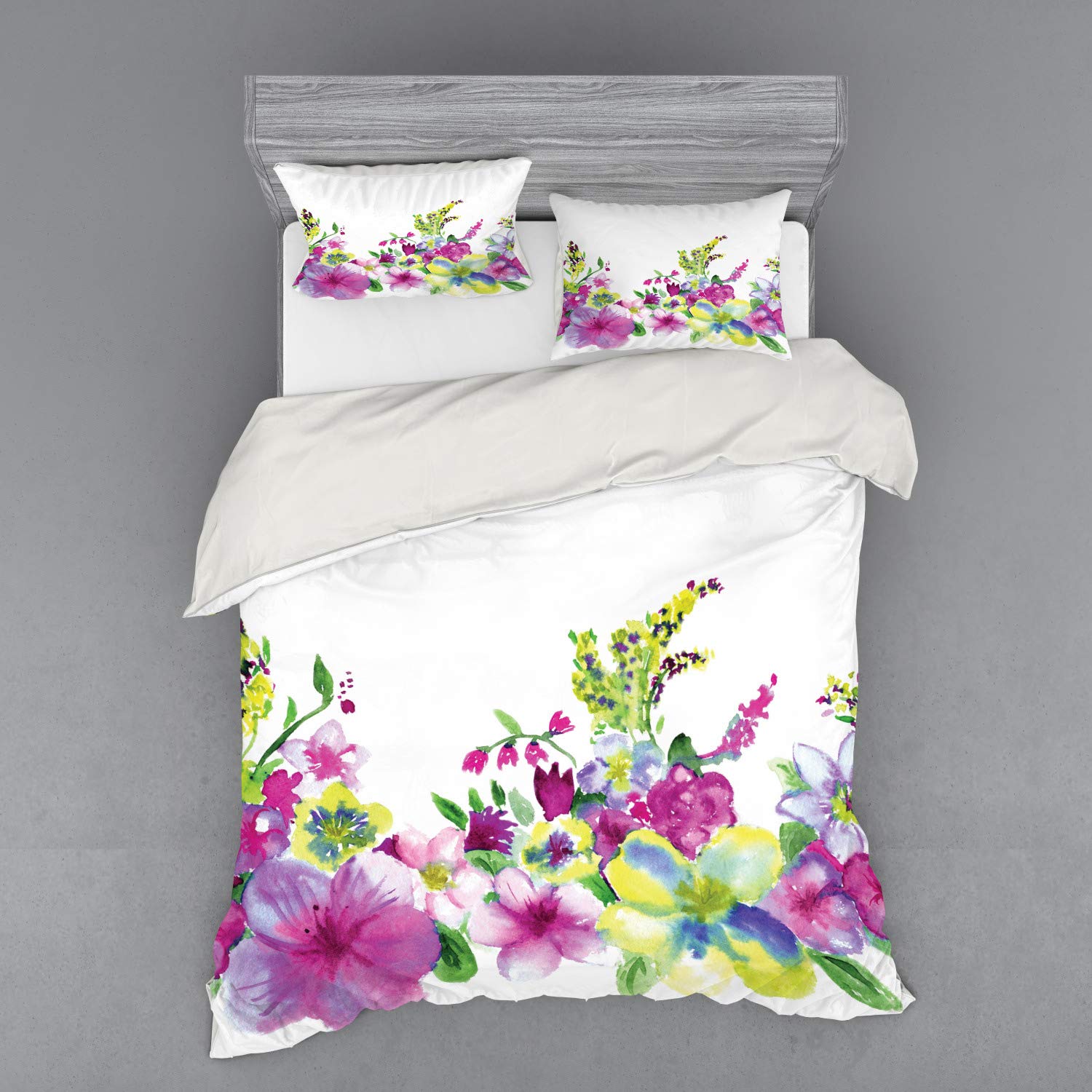 Ambesonne Watercolor Flower Duvet Cover Set - 4 Piece Queen Size Bedding Set with Shams & Fitted Sheet, Pink Green Abstract Floral Design - Perfect for Master Bedroom, Guest Room & Bohemian Home Decor