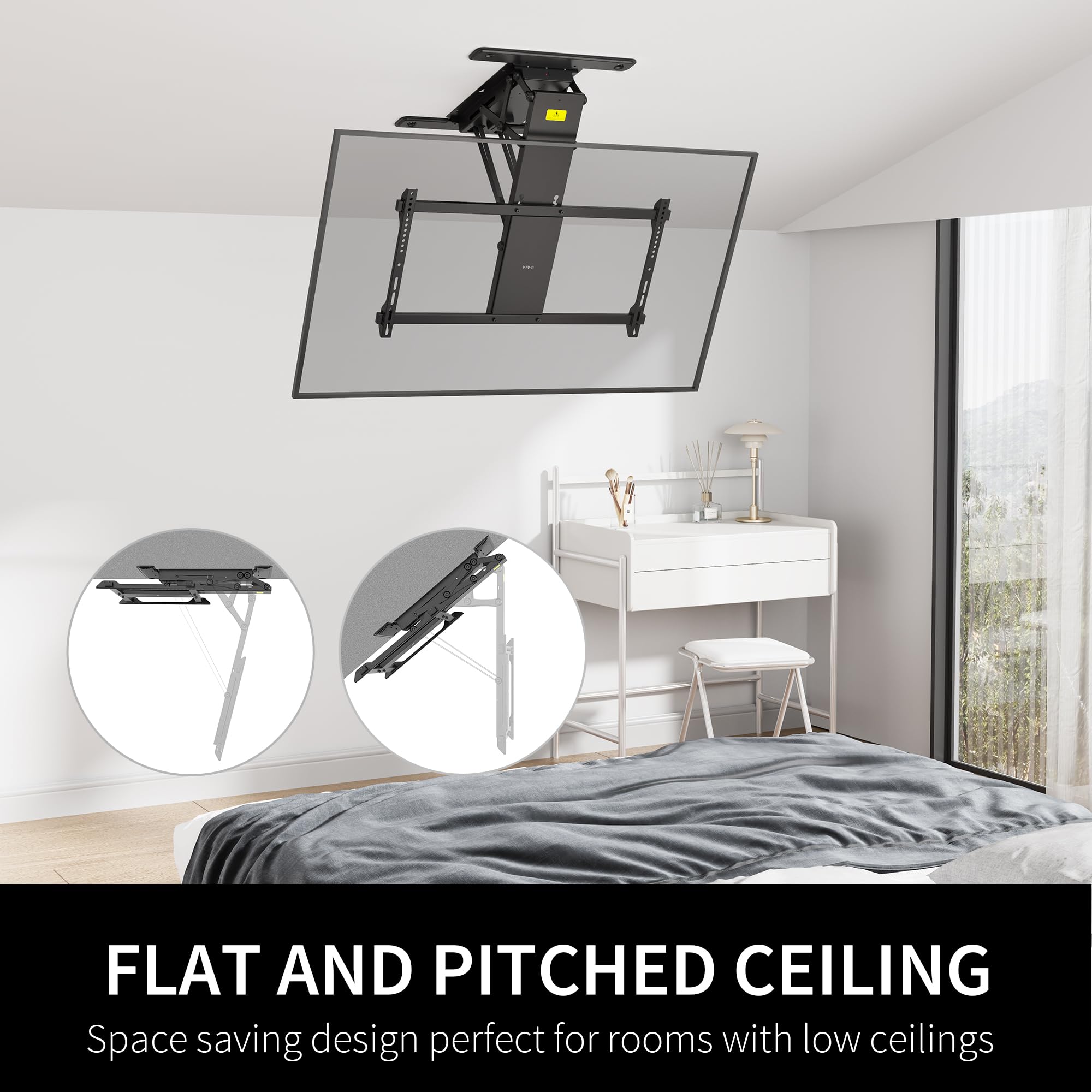 VIVO Electric TV Ceiling Mount for 40-85 Inch Screens | Motorized Flip-Down Pitched Roof VESA Mount | Heavy Duty Black Master Pack (MOUNT-E-FD85) | Perfect for Home Theaters, Bars, and Commercial Spaces