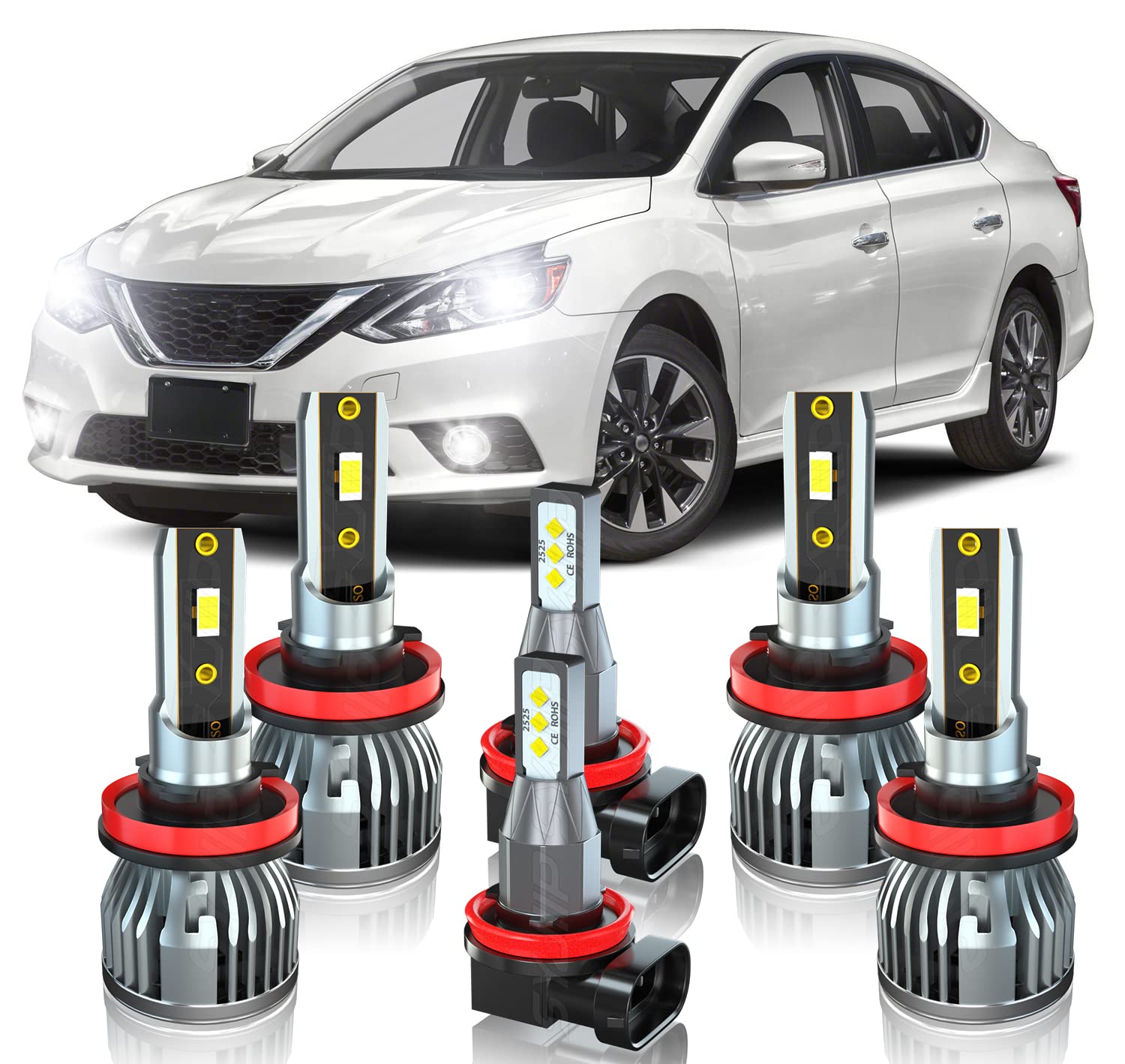 SYJIIP LED Headlight Bulbs Kit for Nissan SENTRA 2013-2019 - H9 High Beam + H11 Low Beam + H16 Fog Lights - 6000K Cool White - Plug and Play - Pack of 6 - Upgrade for Night Driving & Foggy Conditions