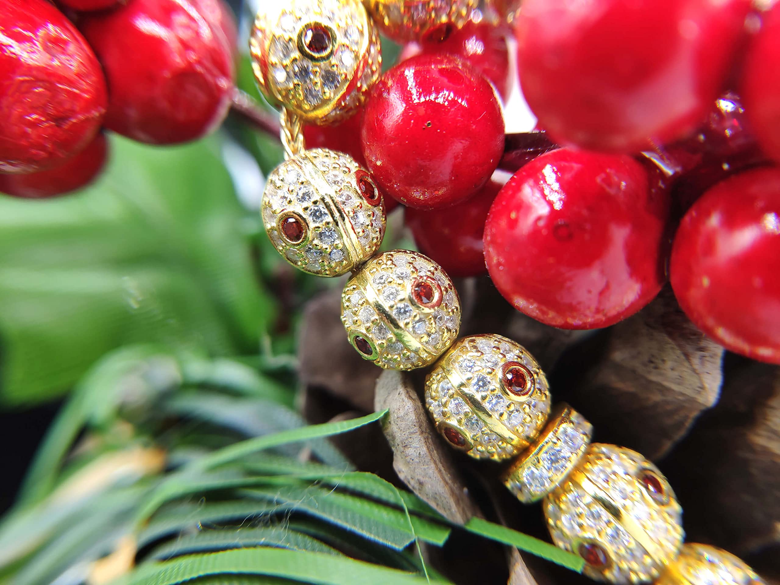 925 Sterling Silver Gold Plated Red Turquoise Green Zirconia Round Beads Prayer Rosary - Islamic Tasbih, Christian Rosary, Buddhist Mala & Worry Beads for Meditation, Stress Relief & Spiritual Practice (Red)