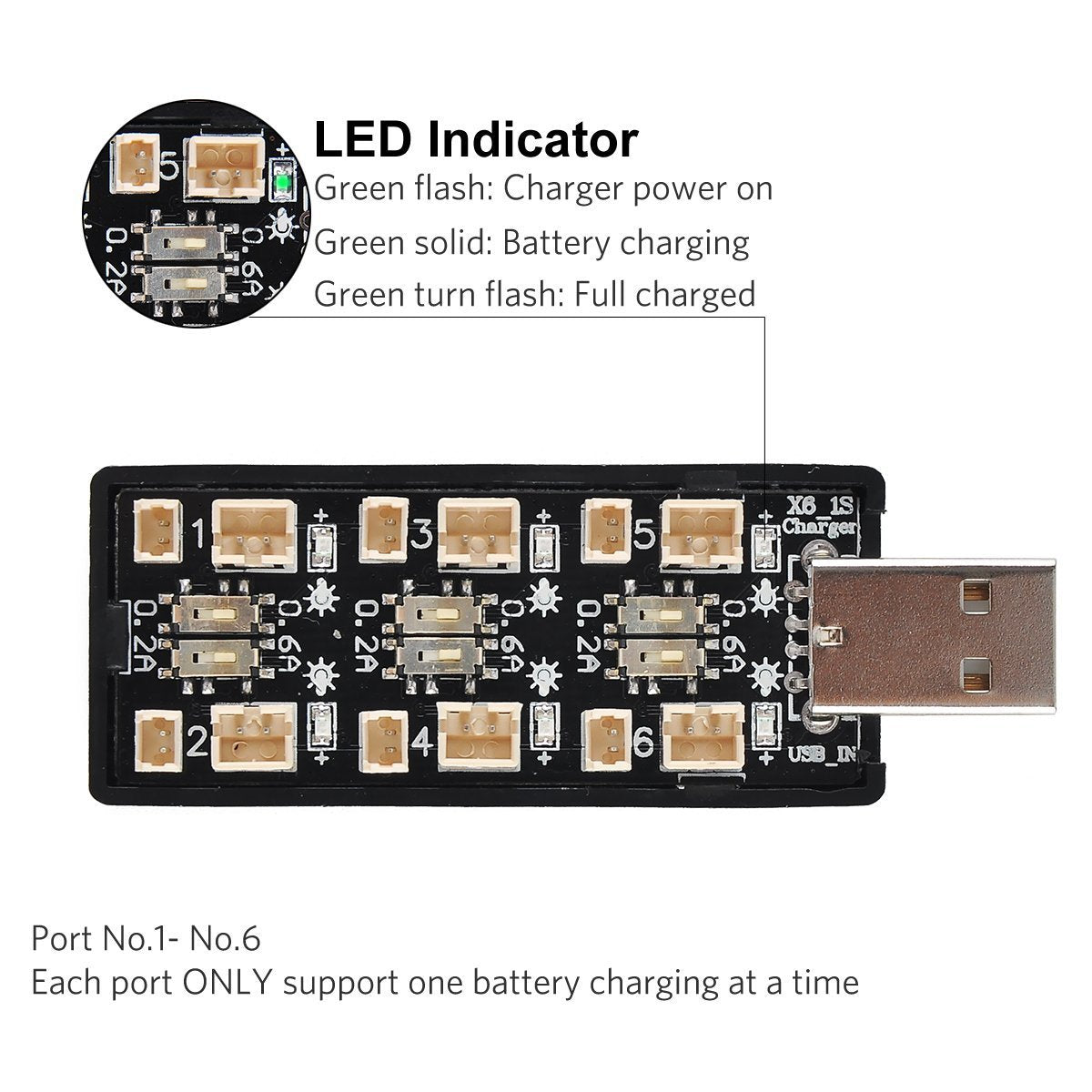 CrazyPony 6 Channel 1S LiPo USB Charger - Fast Charging for Tiny Whoop, Blade Inductrix & Micro JST Connectors - Perfect for FPV Drones, RC Toys & Micro Quadcopters