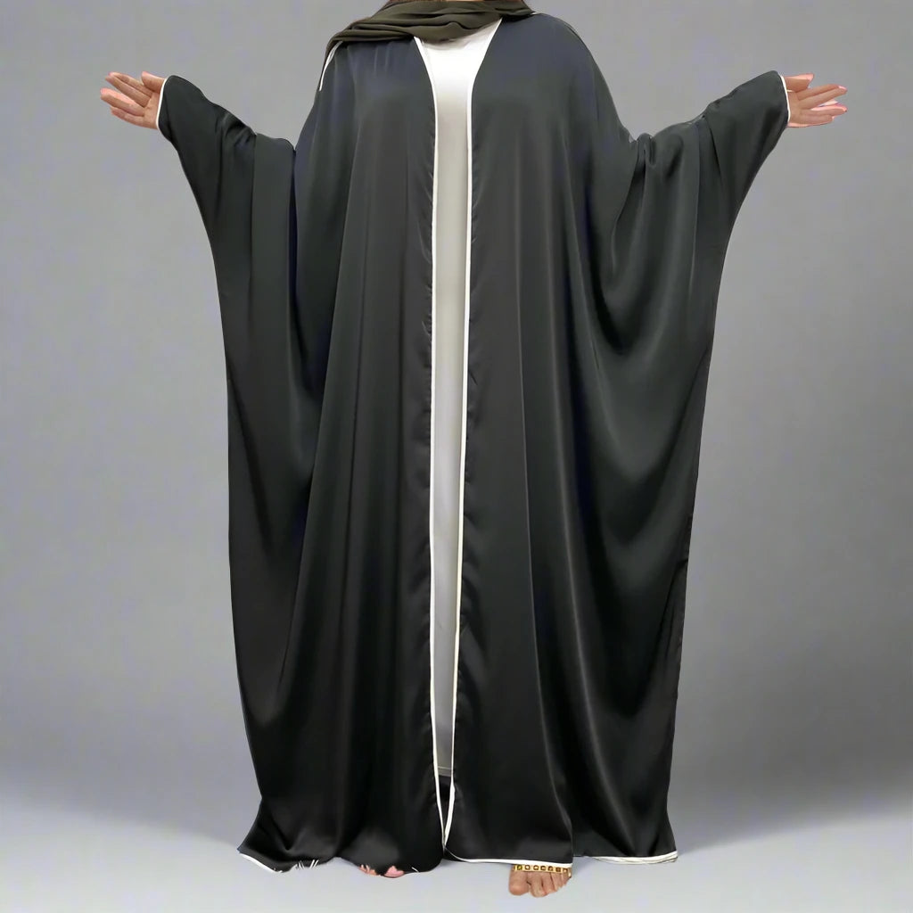 Elegant Batwing Sleeve Satin Cardigan Open Farasha Abaya Dress for Muslim Women - Perfect for Prayer, Weddings & Special Occasions