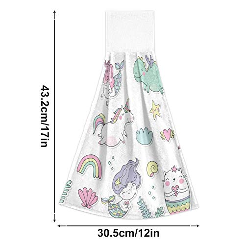 Summer Mermaid & Unicorn Rainbow Kitchen Hand Towels 2 Pack - Absorbent Cotton Hanging Towels with Loop for Kitchen & Bathroom Decor | Perfect for Beach House, RV, and Coastal Themed Homes