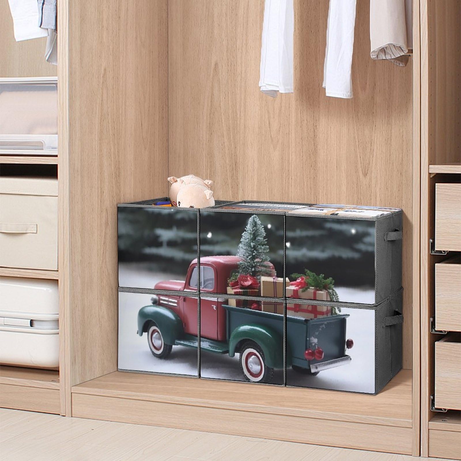 6-Pack Christmas Truck Collapsible Storage Bins with Handles - Large Closet Organizer Baskets for Clothing, Toys & Holiday Decor - Perfect for Home, Bedroom, Nursery and Holiday Storage Organization