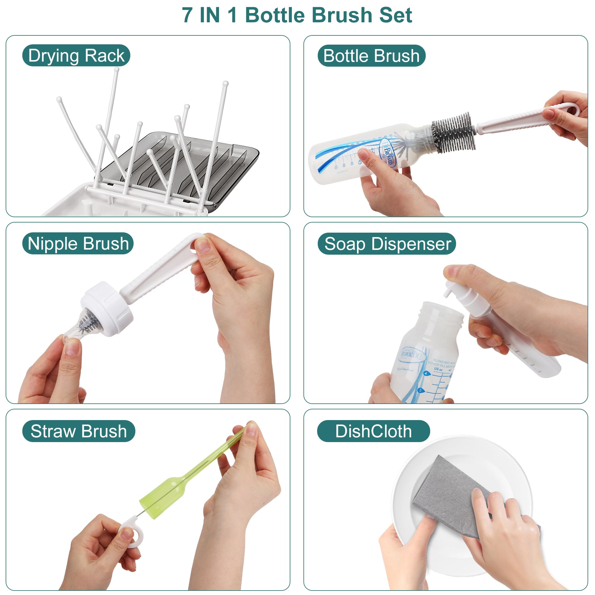 7-in-1 Baby Bottle Cleaning Kit with Silicone Brush, Nipple Cleaner, Straw Brush, Soap Dispenser & Drying Rack | Portable Travel Essentials for Infant Feeding | Perfect for Home, Daycare & On-the-Go Parents (White)