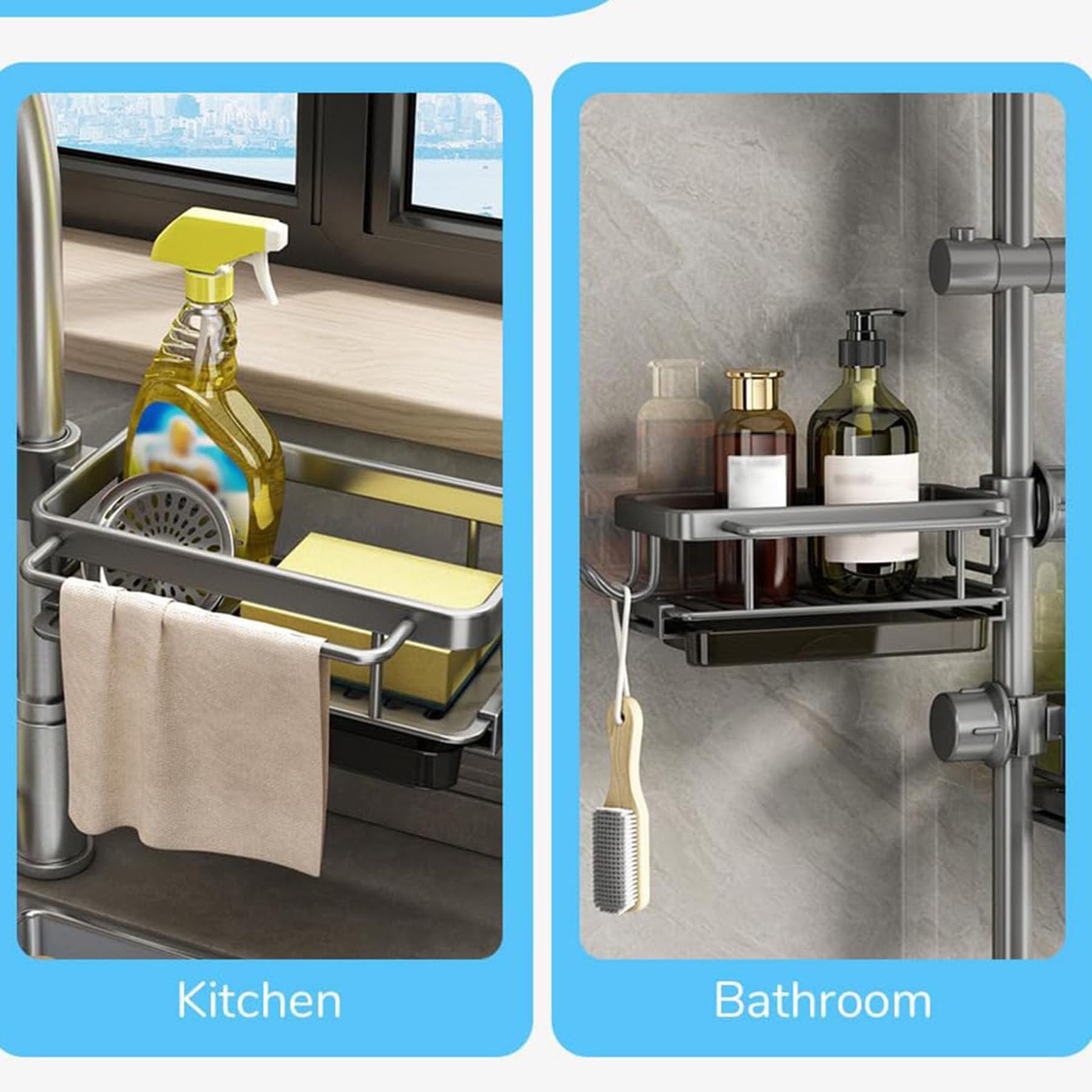 2024 New Kitchen Sink Faucet Organizer & Sponge Holder - Adjustable 0.7-1.1 Inch Round Pipe Caddy (Silver, Left) | Perfect for Small Kitchen Spaces & Dishwashing Organization
