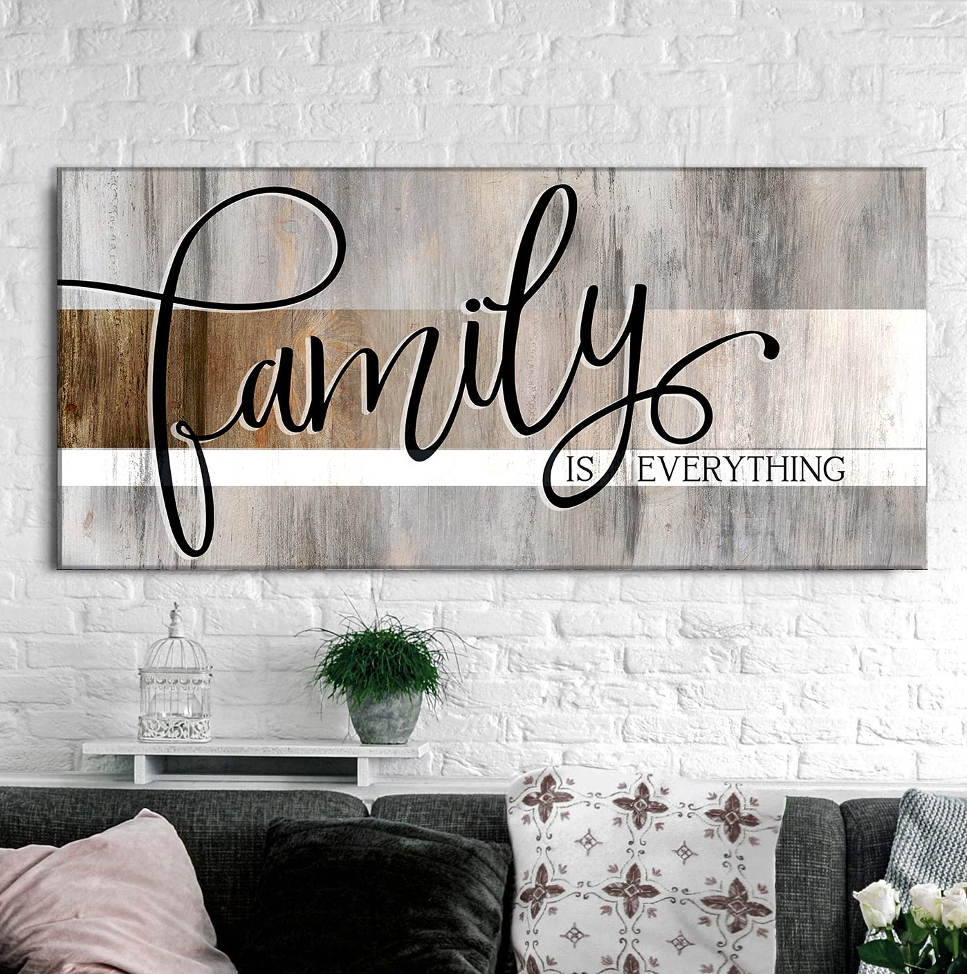Family Is Everything Framed Wall Art - Large 42x19 Inch Farmhouse Canvas Decor for Living Room, Family Room & Home - Brown Rustic Wall Décor for Cozy Spaces