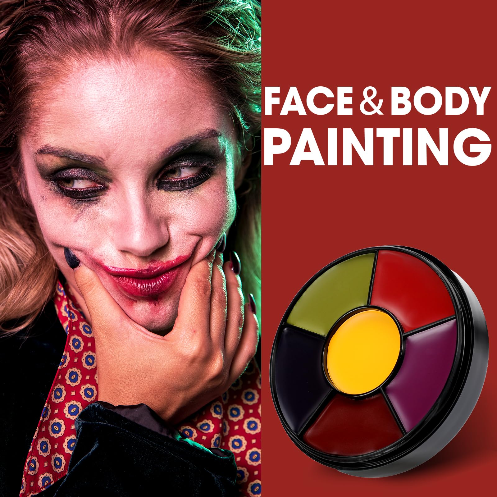 6 Colors Halloween Face & Body Paint Kit - Yellow, Purple, Red, Green, Bruise Wheel for SFX Makeup | Includes 6 Sponges & 3 Brushes | Perfect for Zombie, Clown, Joker, Alien, Witch & Cosplay Costumes