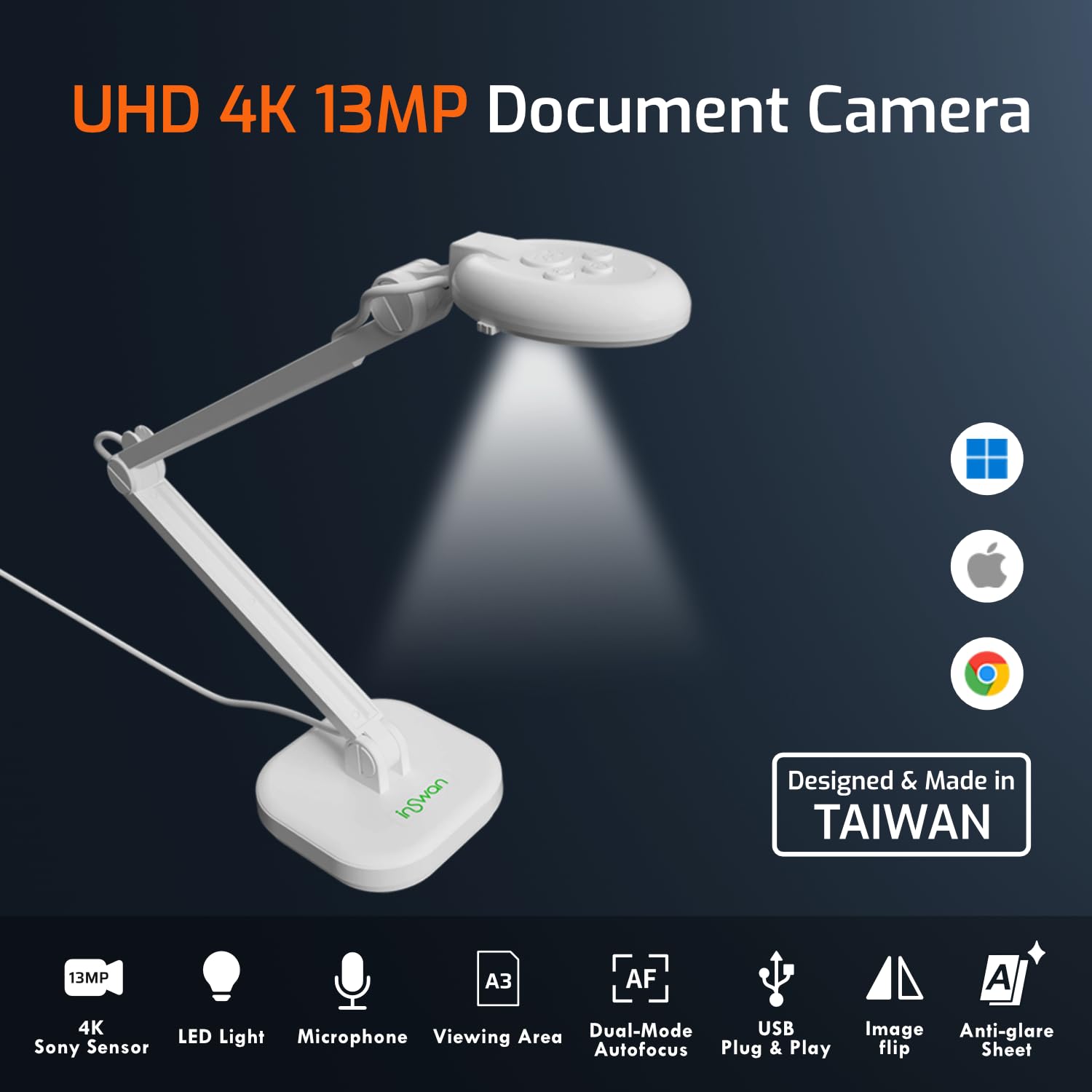 4K USB Document Camera 13MP with Auto Focus & LED Light - A3 Size Capture, Built-in Mic - Compatible with MacOS, Windows, Chromebook - Perfect for Online Teaching, Web Conferencing, Interactive Whiteboards, Live Presentations and Distance Learning