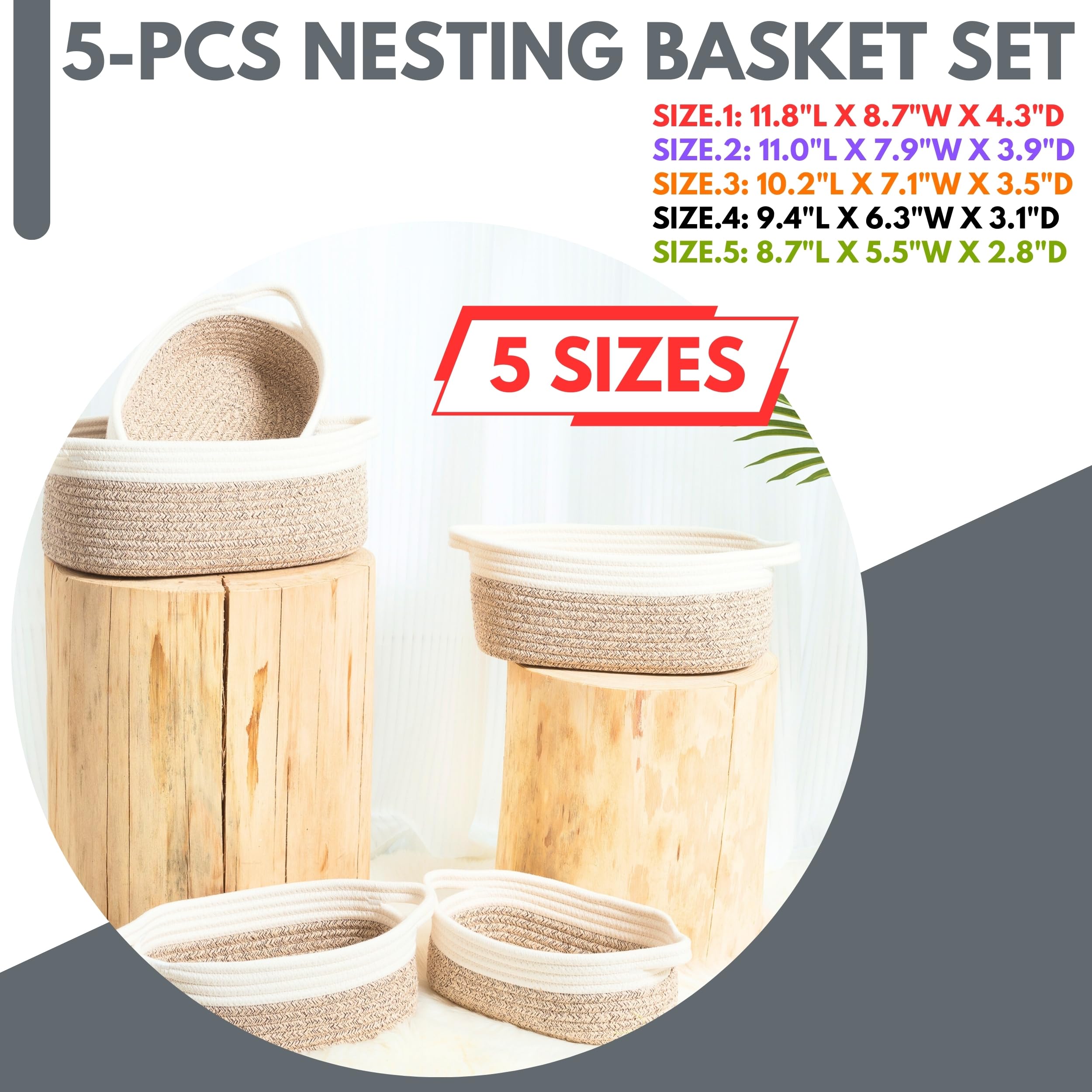 MINTWOOD 5-Piece Woven Storage Basket Set - Small Decorative Organizer for Shelves, Bathroom, Toys & Gifts - Light Brown Dot Pattern - Perfect for Home Organization, Nursery Storage & Pet Supplies