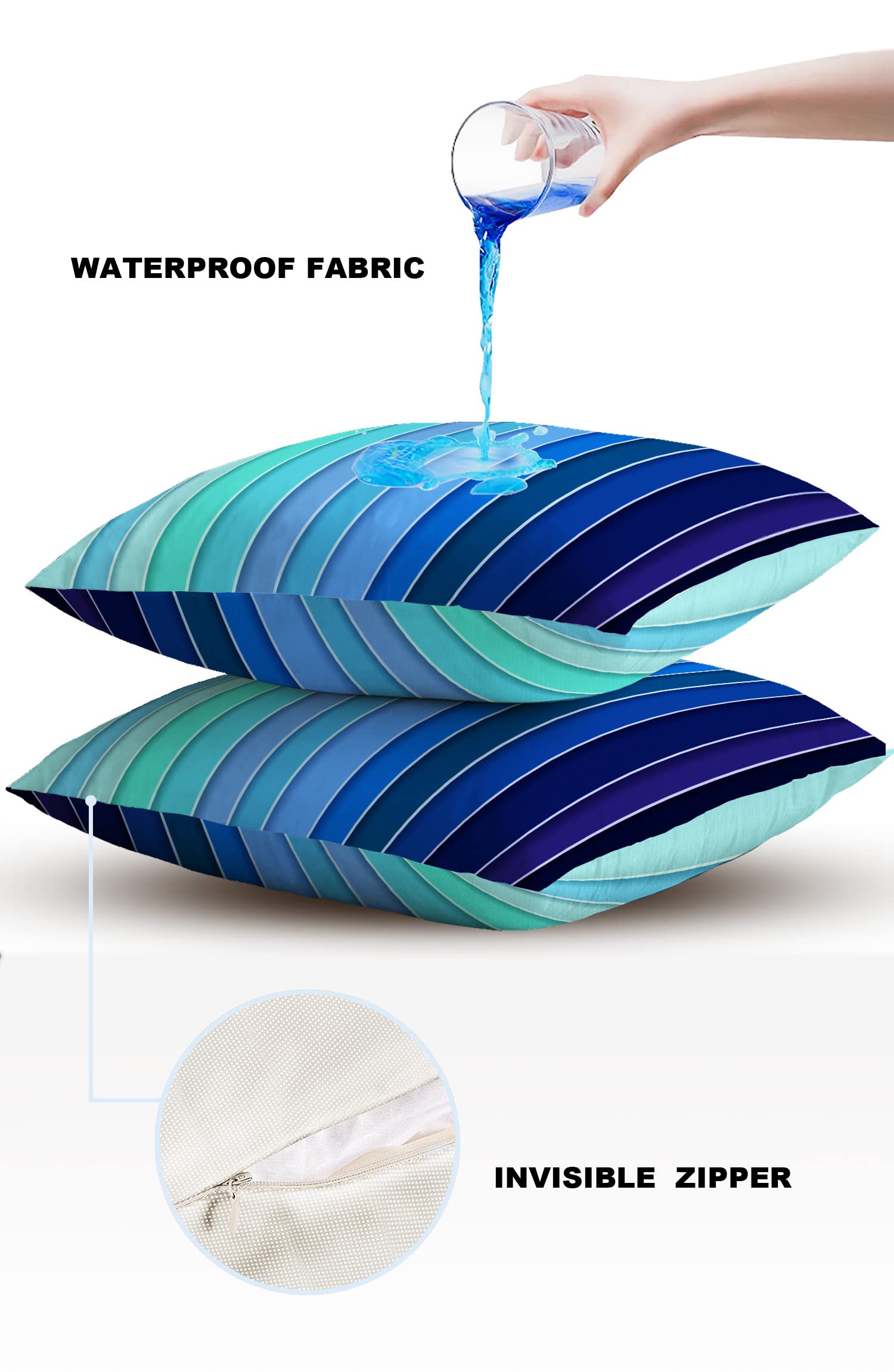 Waterproof Outdoor Pillow Covers Set of 2 - Blue Ombre Gradient Decorative Throw Pillow Cases 16x16 Inch for Patio Furniture, Sofa, Couch & Chair - Perfect for Backyard, Poolside & Indoor Decor