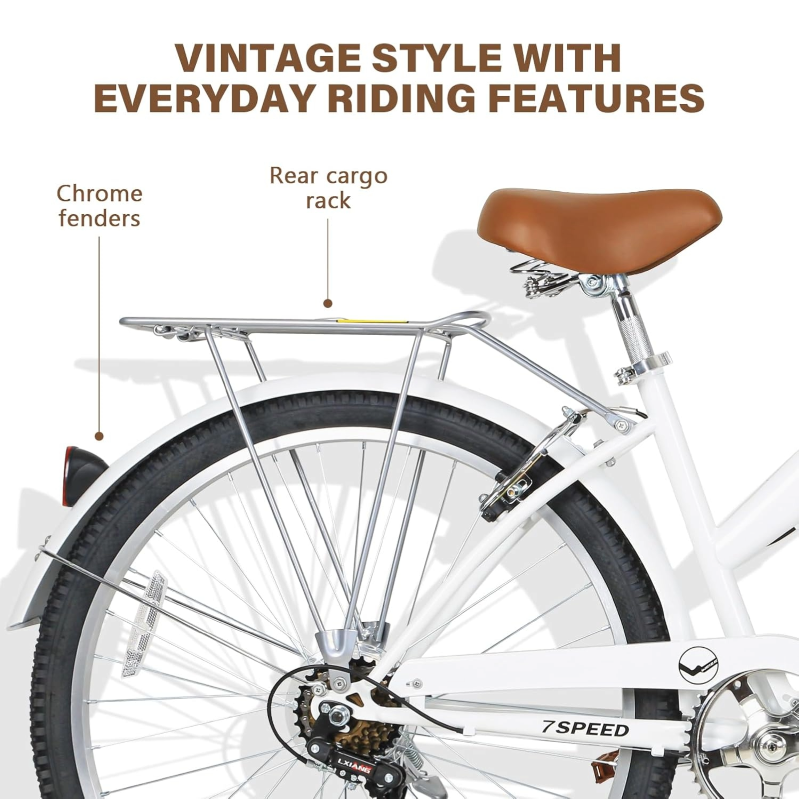 WEIZE 26 Inch White Beach Cruiser Bike for Adults - 7 Speed Commuter Bicycle with Comfortable Seat & Retro Style - Perfect for Beach Rides, City Commuting & Leisure Cycling