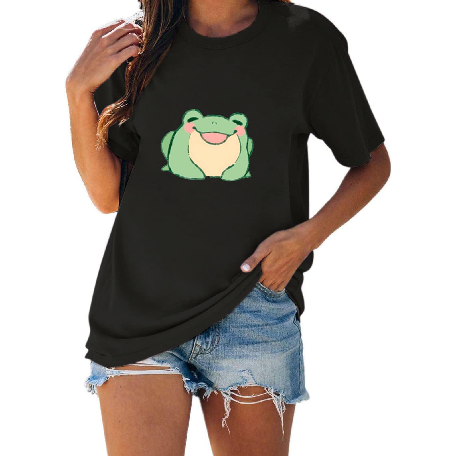 Kaniem Women's Summer Tops - Cartoon Frog Print Kawaii Short Sleeve Tee Shirt | Cute Crew Neck Casual T-Shirts for Women | Perfect for Beach Outings, Summer Vacations & Casual Wear