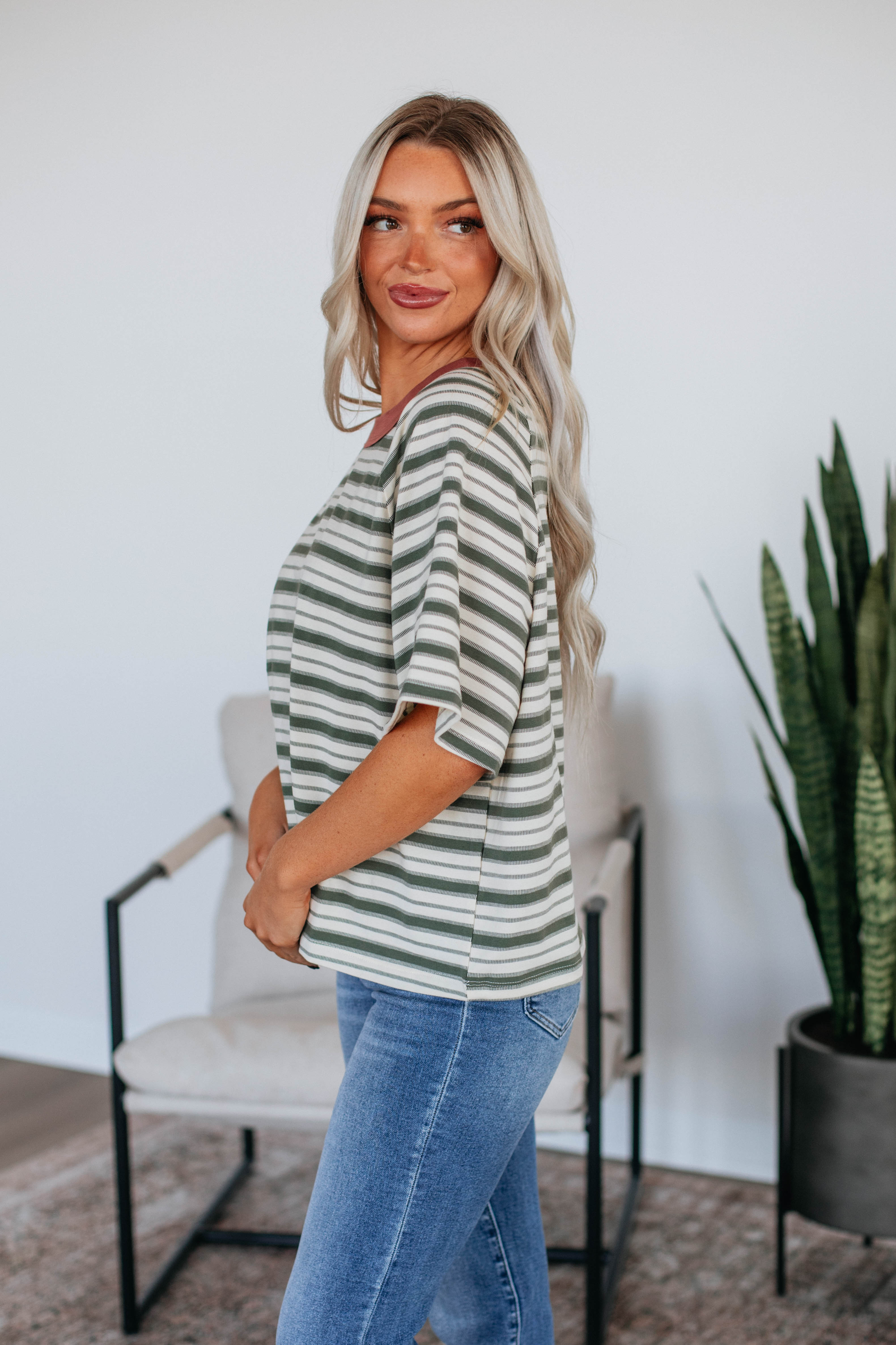 Lansen Women's Striped T-Shirt - Olive Green Casual Short Sleeve Top for Everyday Wear & Summer Outfits