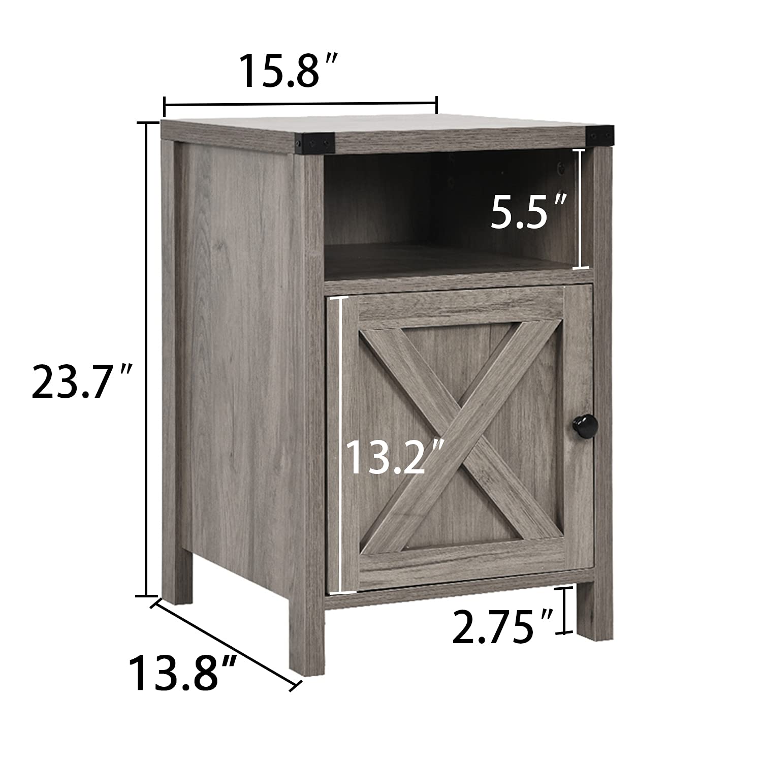 Rustic Gray Farmhouse Nightstand Set of 2 - Modern Barn Door End Table with Shelf for Bedroom & Living Room - Perfect for Small Spaces, Guest Rooms & Cozy Home Decor