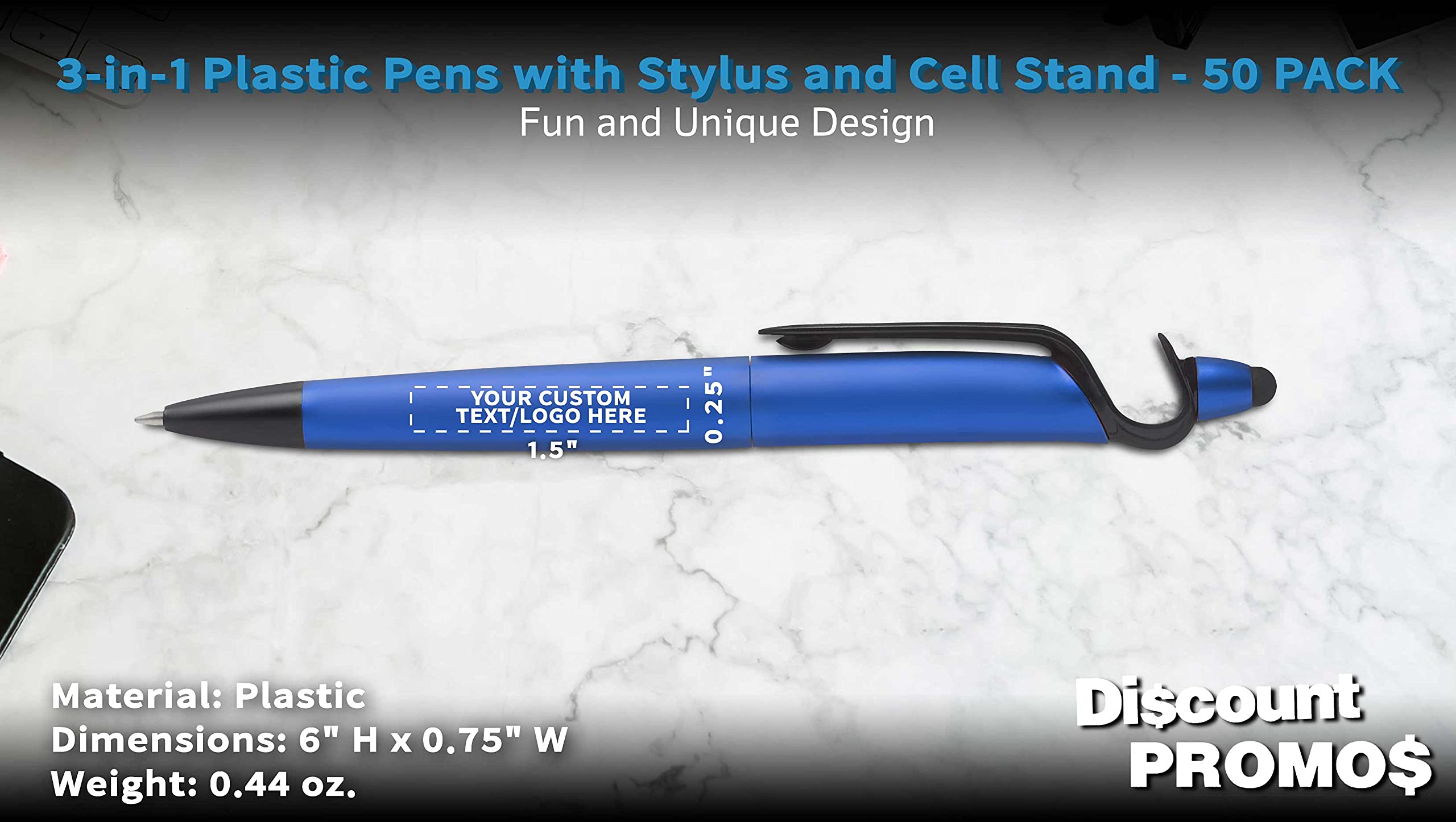 3-in-1 Multi-Function Plastic Pens with Stylus & Phone Stand - 50 Pack Bulk Office Supplies - Custom Text & Logo Printing - Ballpoint Black Ink Pens for Business Promotions, Giveaways & Corporate Events - Perfect for Trade Shows, Conferences & Employee Gifts
