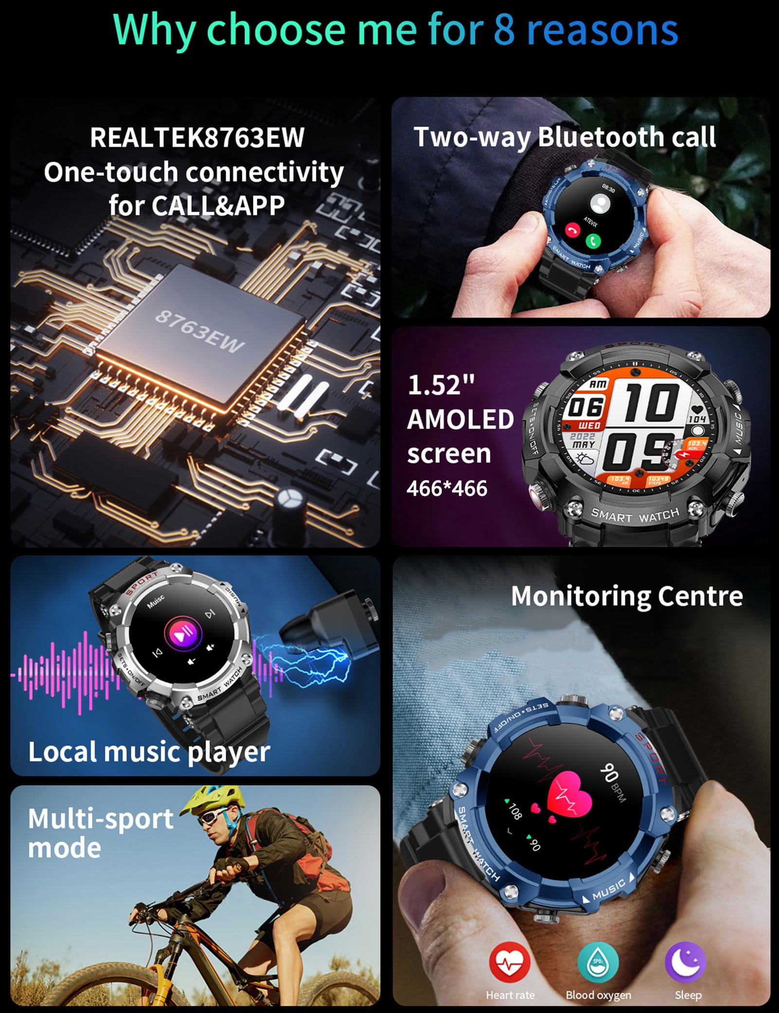 1.52'' HD Rugged Military Smart Watch with Bluetooth Earbuds - 3-in-1 Fitness Tracker with Heart Rate Monitor, Sleep Tracking & Local Music Storage | Perfect for Outdoor Activities, Workouts & Daily Use