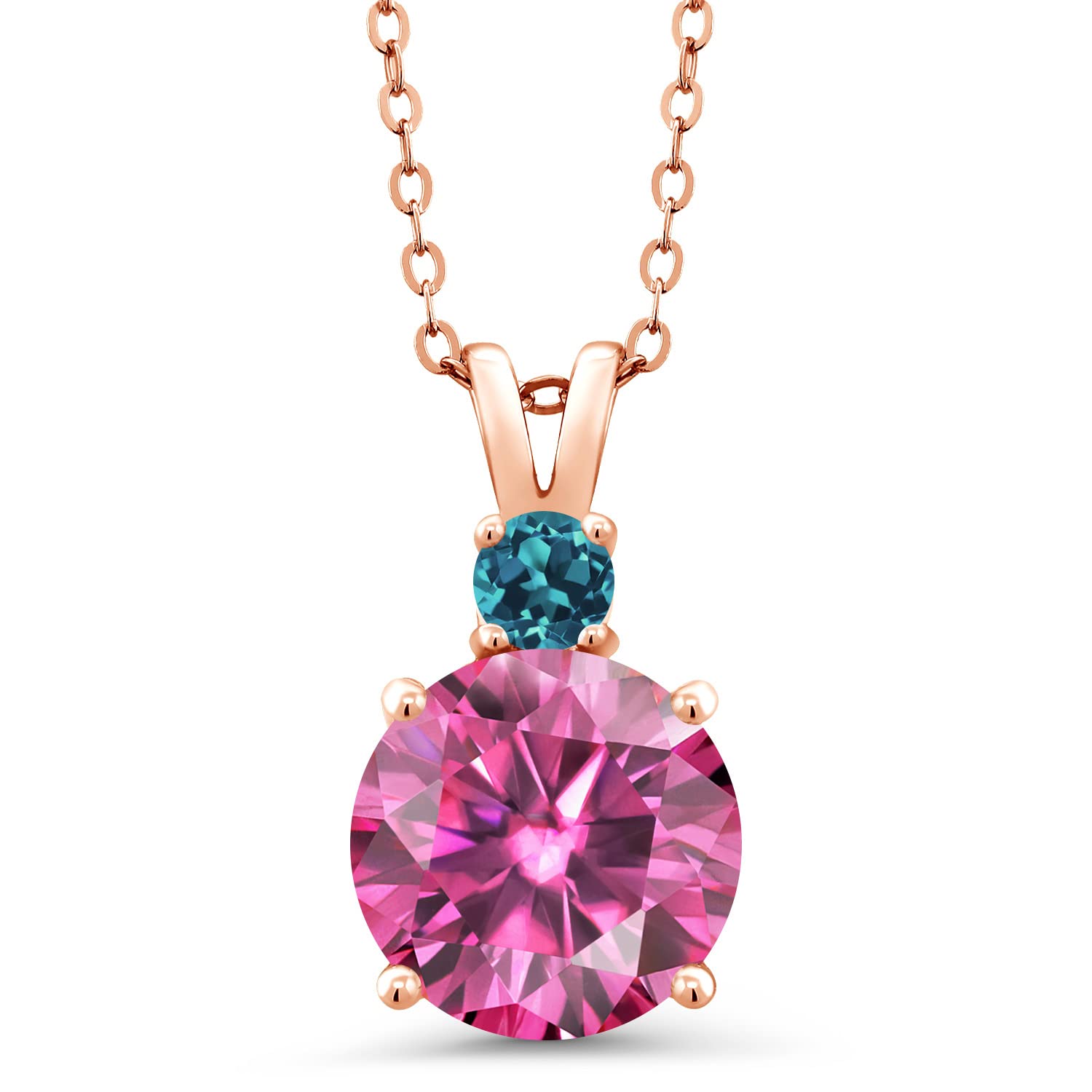 18K Rose Gold Plated Silver Pendant Necklace with Round Pink Moissanite & London Blue Topaz (3.65 CTTW) - Elegant Jewelry Gift for Women, Perfect for Weddings, Anniversaries & Special Occasions
