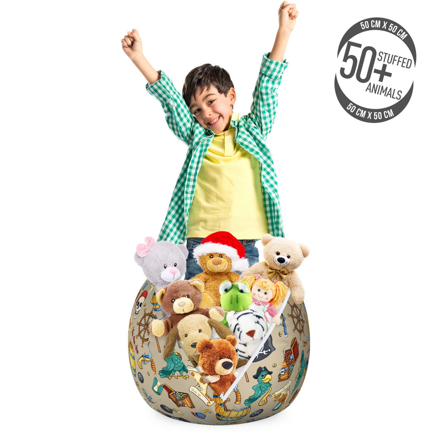 Ambesonne Pirates Toy Storage Bag Chair - Cheerful Cartoon Design with Adventure Sea Travel Theme, Washable Stuffed Animal Organizer, Small Size in Tan & White - Perfect for Kids' Room, Playroom & Toy Organization