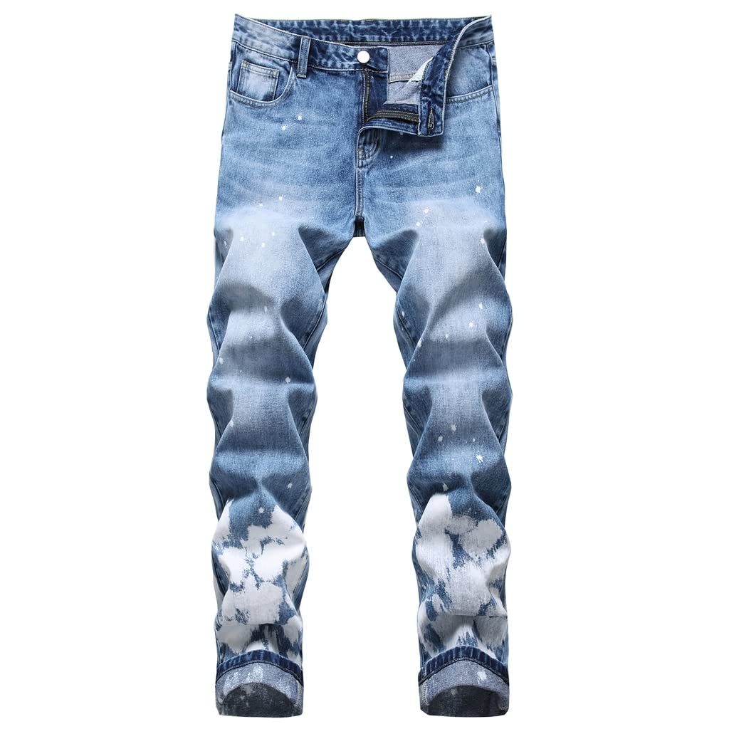 YDHWY Men's Ripped Straight-Leg Denim Jeans - Non-Stretch Blue Denim Trousers (Size 34) | Casual Streetwear for Everyday Wear & Urban Fashion