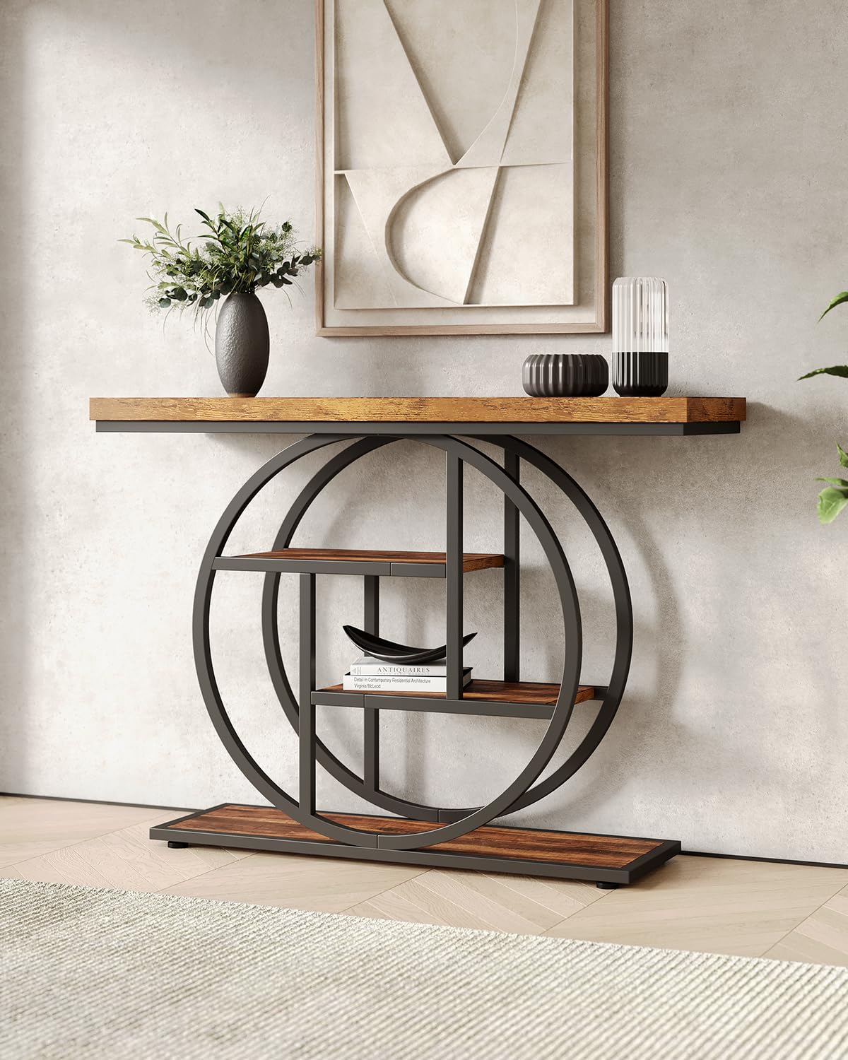 LITTLE TREE 4-Tier Console Table - 41.3 Inch Industrial Entryway Sofa Table for Living Room, Rustic Brown & Black Hallway Furniture - Perfect for Small Space Organization & Home Decor
