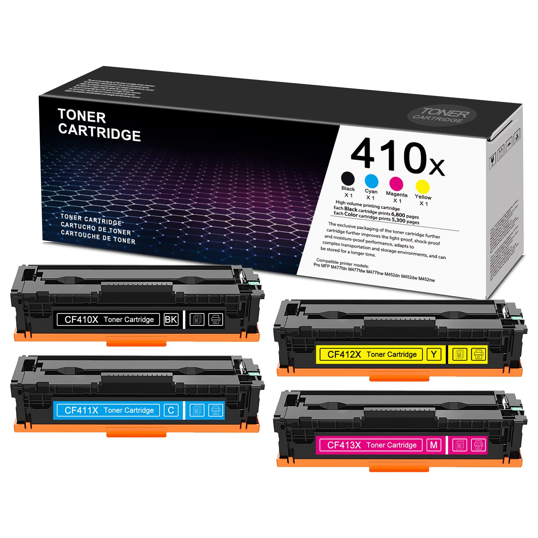 ONWARD 4-Pack High Yield 410X Toner Cartridge Set (1BK/1C/1M/1Y) - Compatible with HP Pro MFP M452dw M452nw M477fnw M477fdn M477fdw M452dn Printers - Replacement for CF410X CF411X CF412X CF413X - Perfect for Office & Home Printing Needs