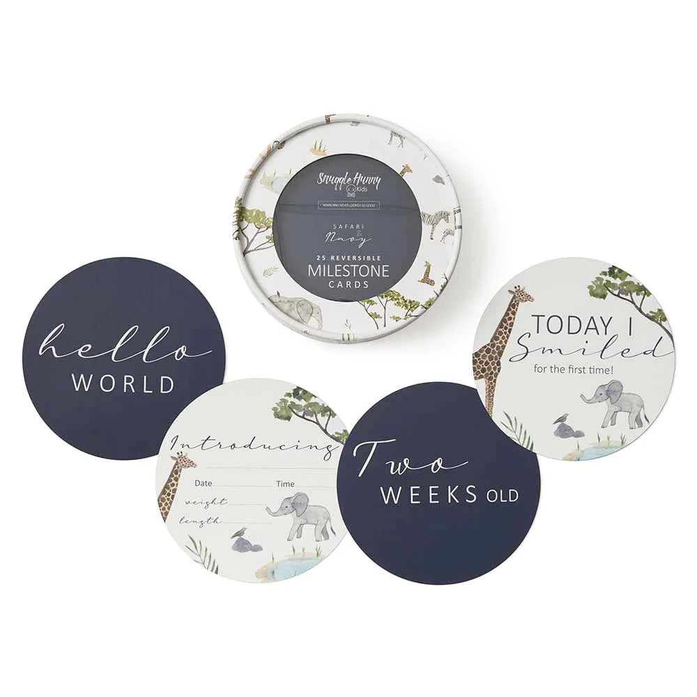 Snuggle Hunny Reversible Milestone Baby Photo Cards - Safari & Navy Design for Newborn, 1st Birthday & Monthly Growth Tracking | Perfect for Baby Shower Gifts & Nursery Decor
