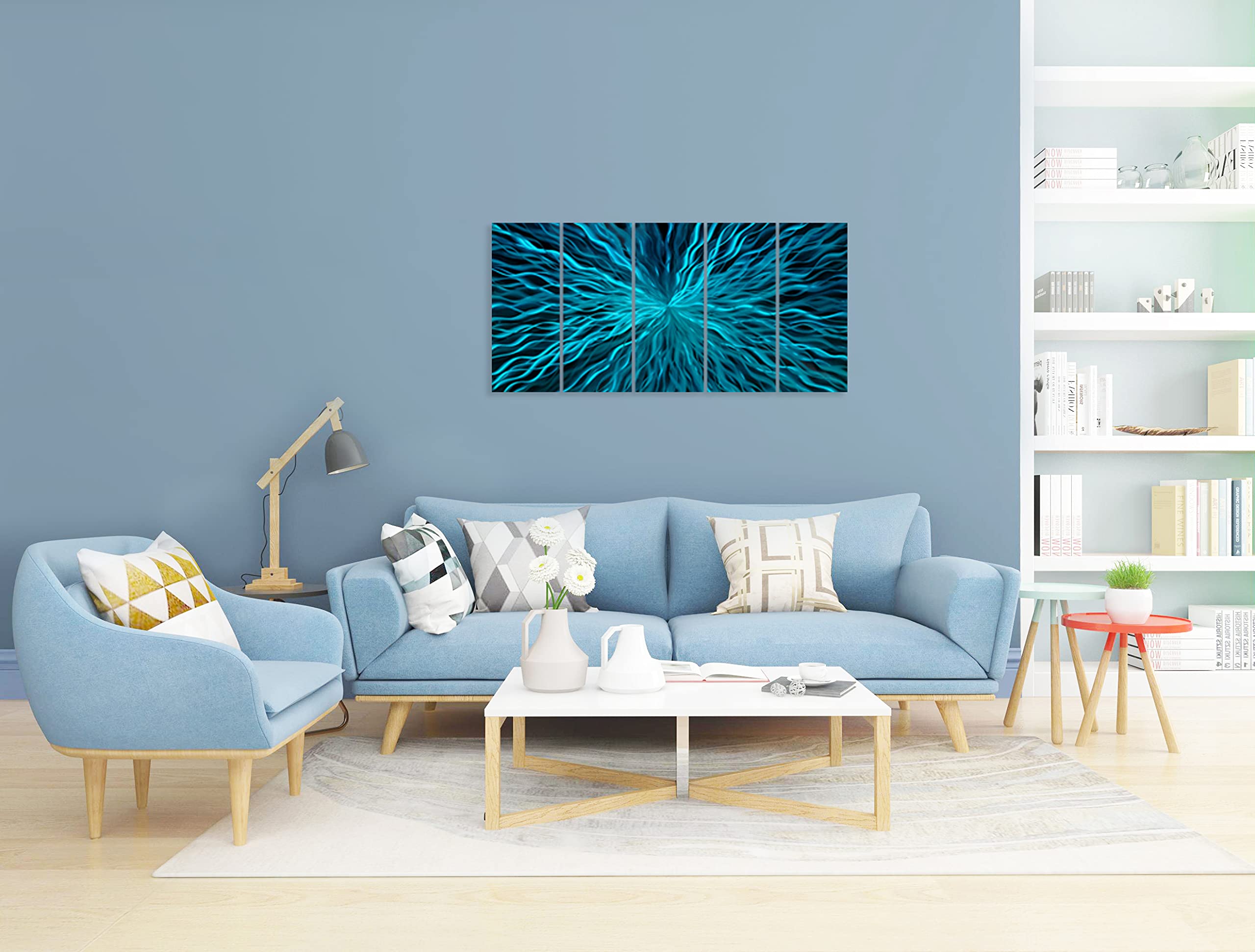 Handcrafted Blue Metal Wall Art Decor - 5 Panel Modern Abstract Aluminum Sculpture for Living Room, Bedroom & Office | Contemporary Home & Office Decor | Perfect for Modern Interior Design & Gift Giving