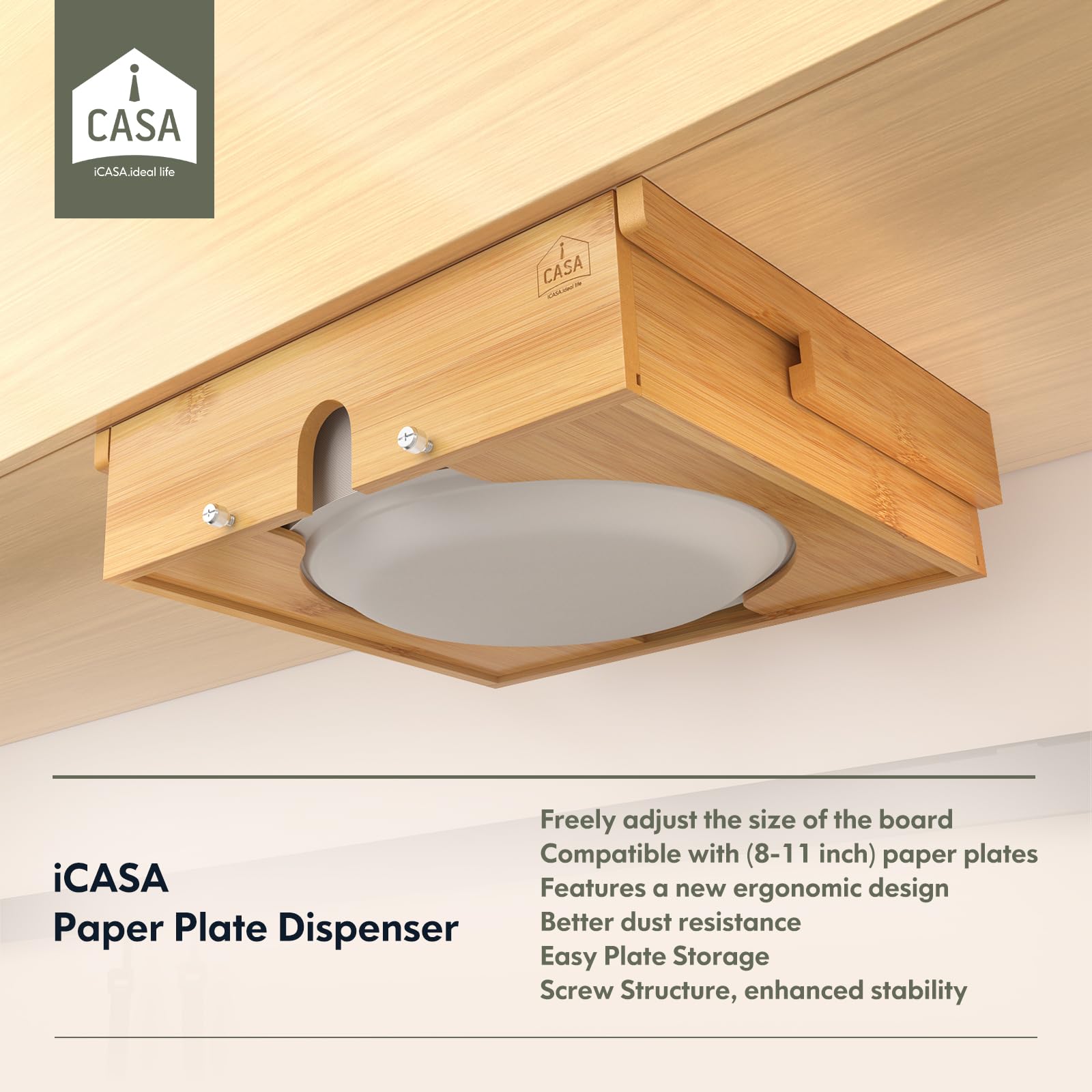 8-11 Inch Adjustable Paper Plate Dispenser | Upgraded Wooden Under Cabinet Plate Holder | Kitchen Organizer for Round Plates | Perfect for Parties, BBQs & Dining Room Storage