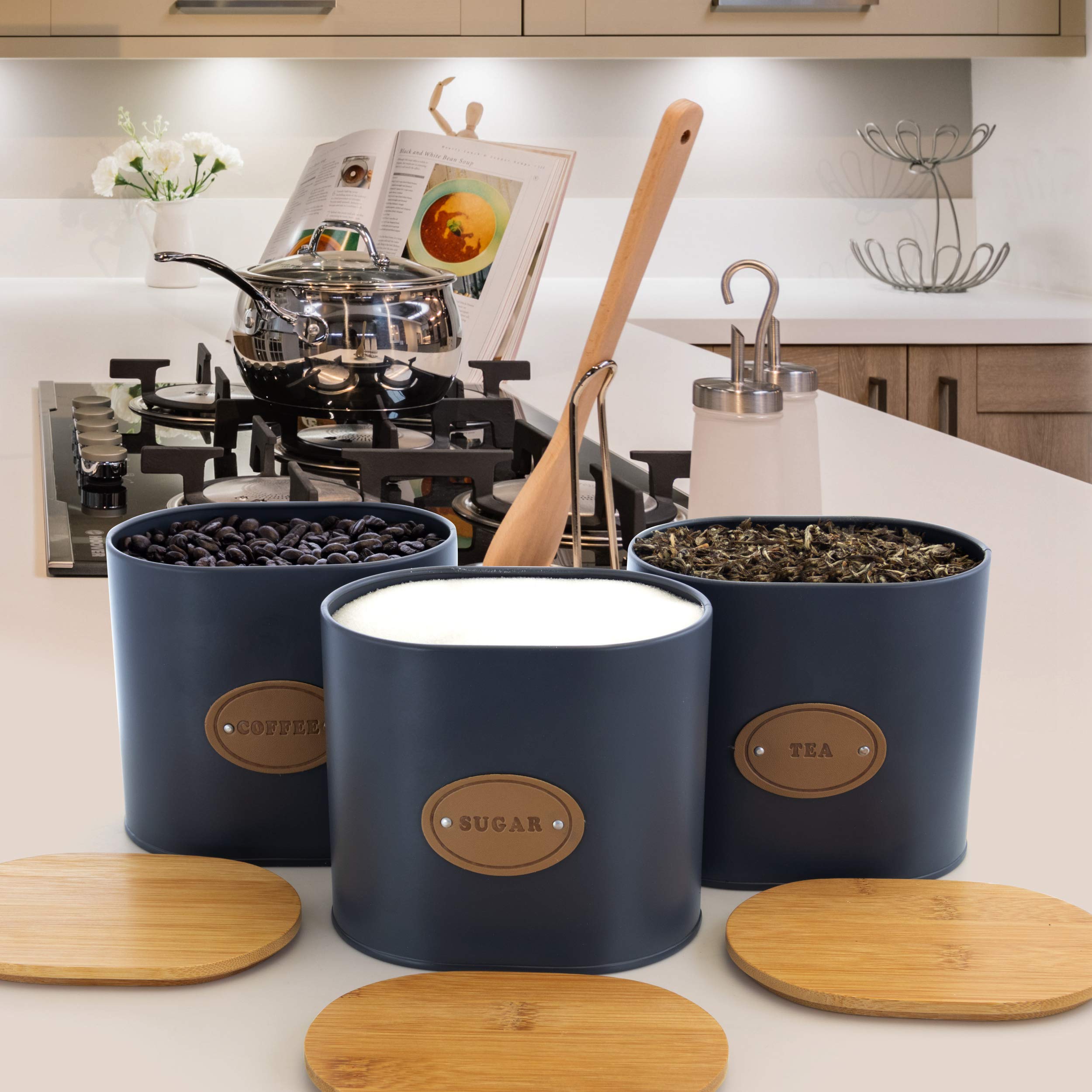 MegaChef 5-Piece Grey Kitchen Canister Set with Bamboo Lids - Airtight Food Storage Containers for Flour, Sugar, Coffee & Pantry Organization - Perfect for Modern Kitchens & Home Organization