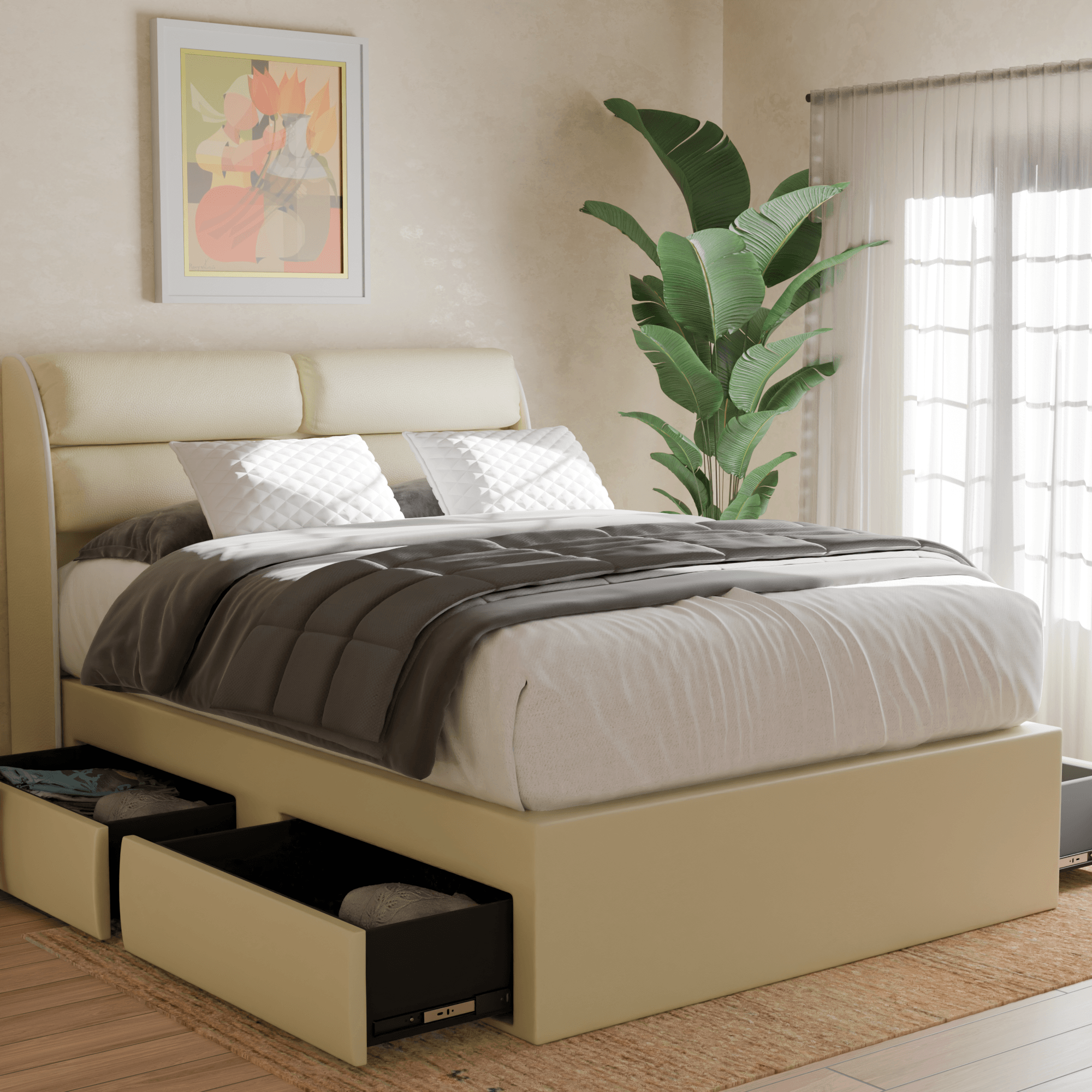 Fobbee Faux Leather Drawer Storage Bed Frame with Underbed Storage - Queen Size Platform Bed for Small Spaces, Bedroom Furniture with Hidden Storage Drawers (Use in Apartments, Dorms, Guest Rooms)