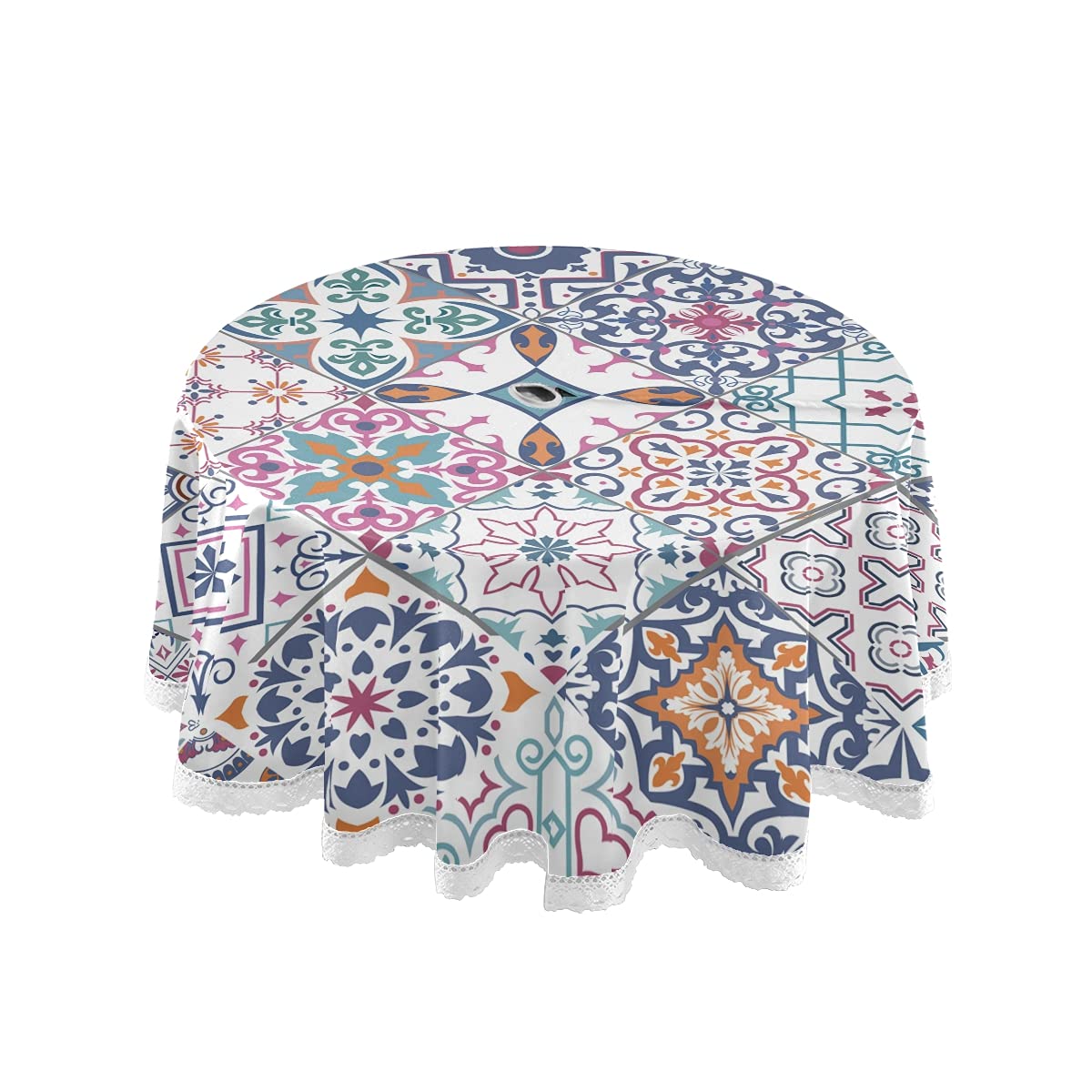 Mexican Talavera Outdoor Round Tablecloth - 60 Inch Waterproof Polyester Table Cover with Umbrella Hole & Zipper - Perfect for Kitchen, Picnic, Party & Garden Decorations